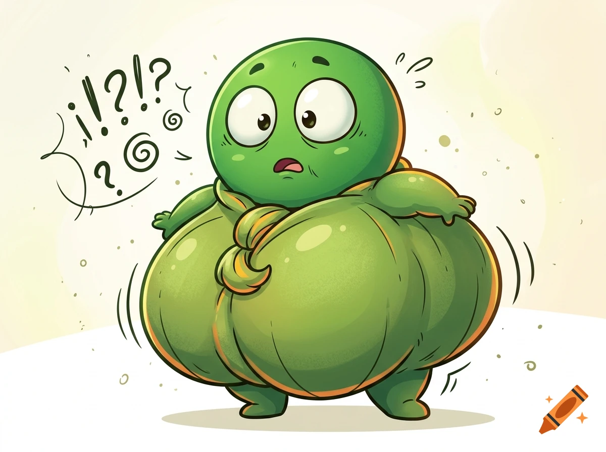 Stylized digital illustration of a round green cartoon character with large expressive eyes and a bloated lower body, looking surprised.