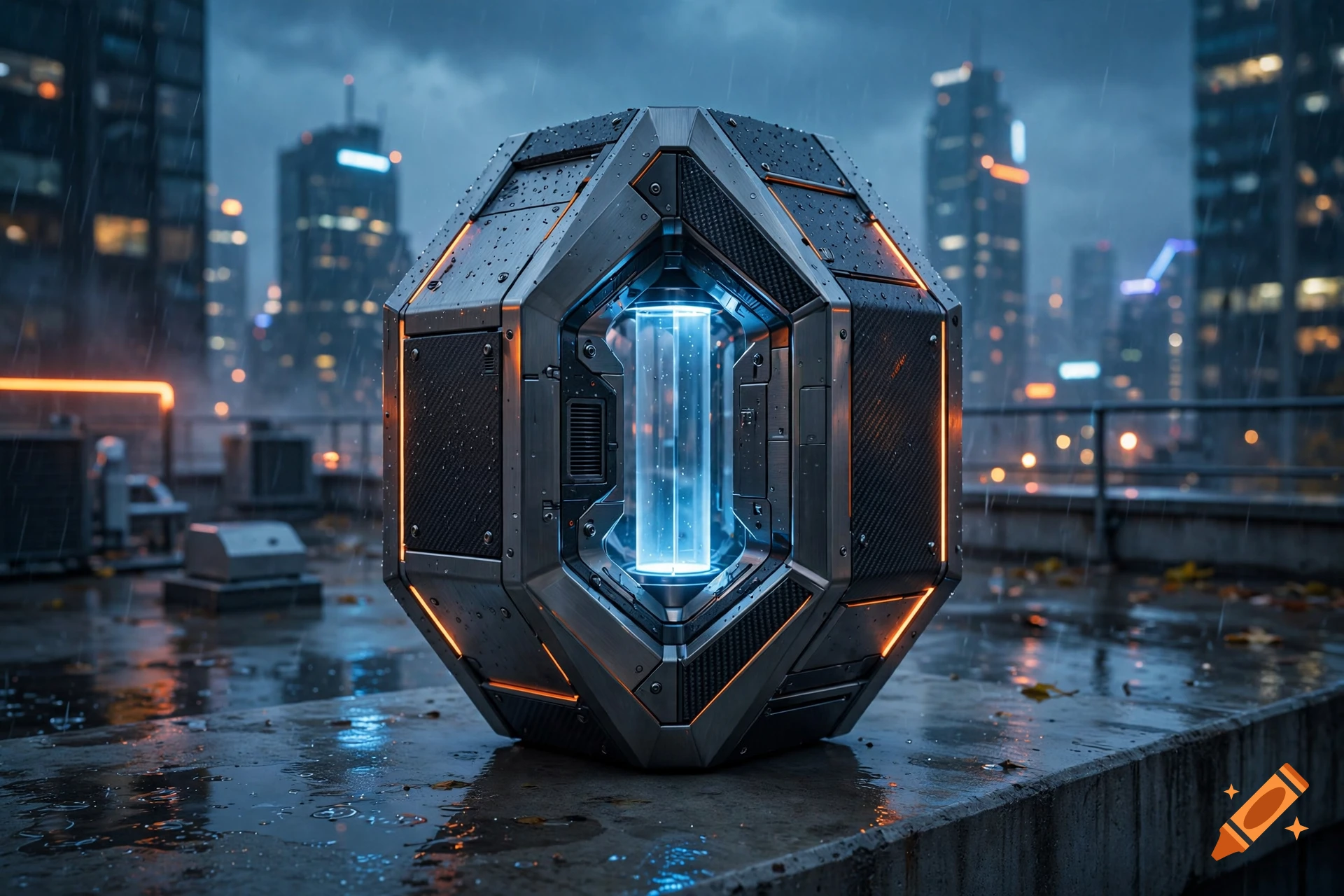 A futuristic metallic object with glowing orange lines and a central blue light cylinder sits on a wet rooftop against a city skyline at dusk.