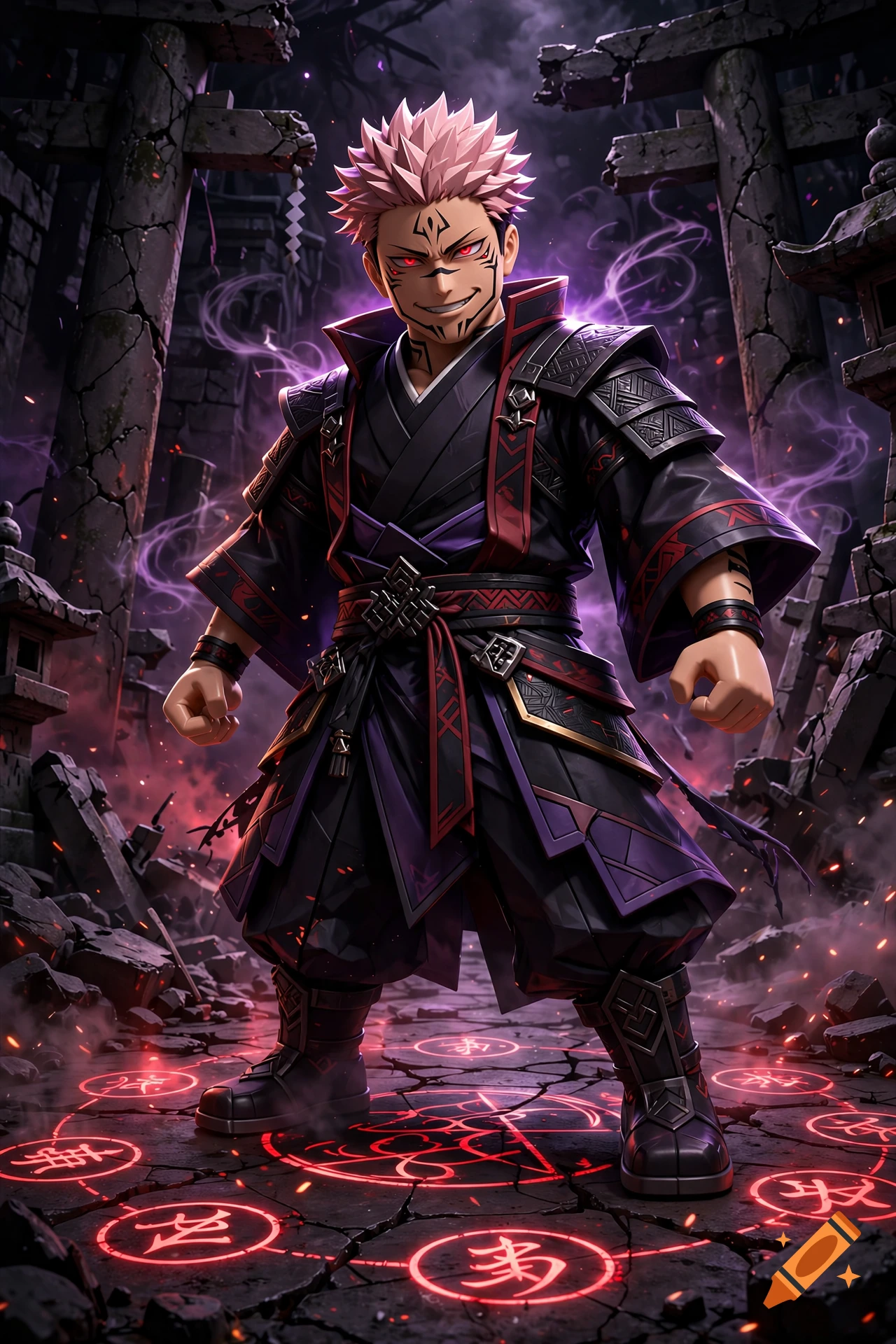 Roblox-styled Ryomen Sukuna from Jujutsu Kaisen standing in a ruined temple with glowing red magic circles on the ground.