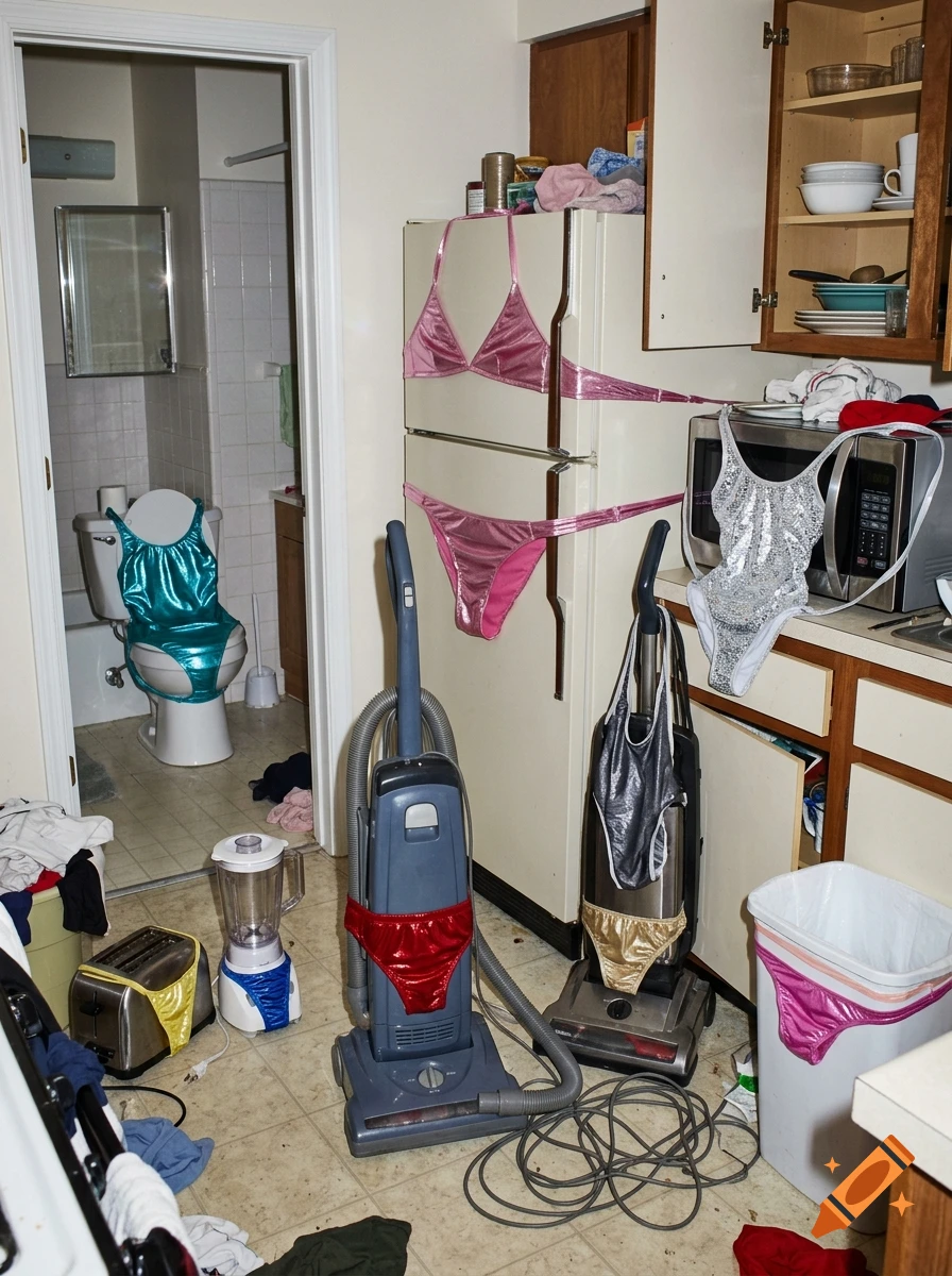 A messy kitchen and bathroom where household appliances like a refrigerator, microwave, toilet, and toaster are dressed in shiny swimsuits.