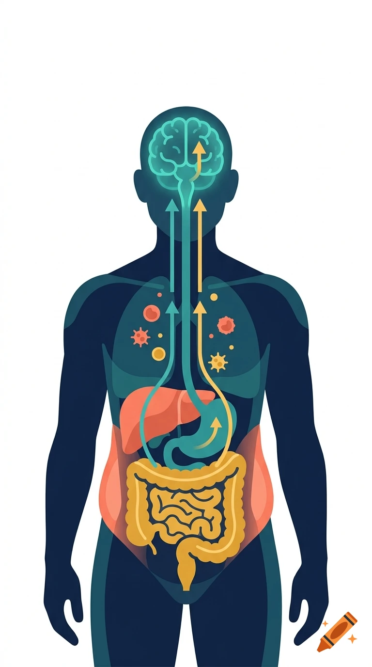 Iconic graphic of a human body showing immune trafficking pathways from the gut and fat to the brain.