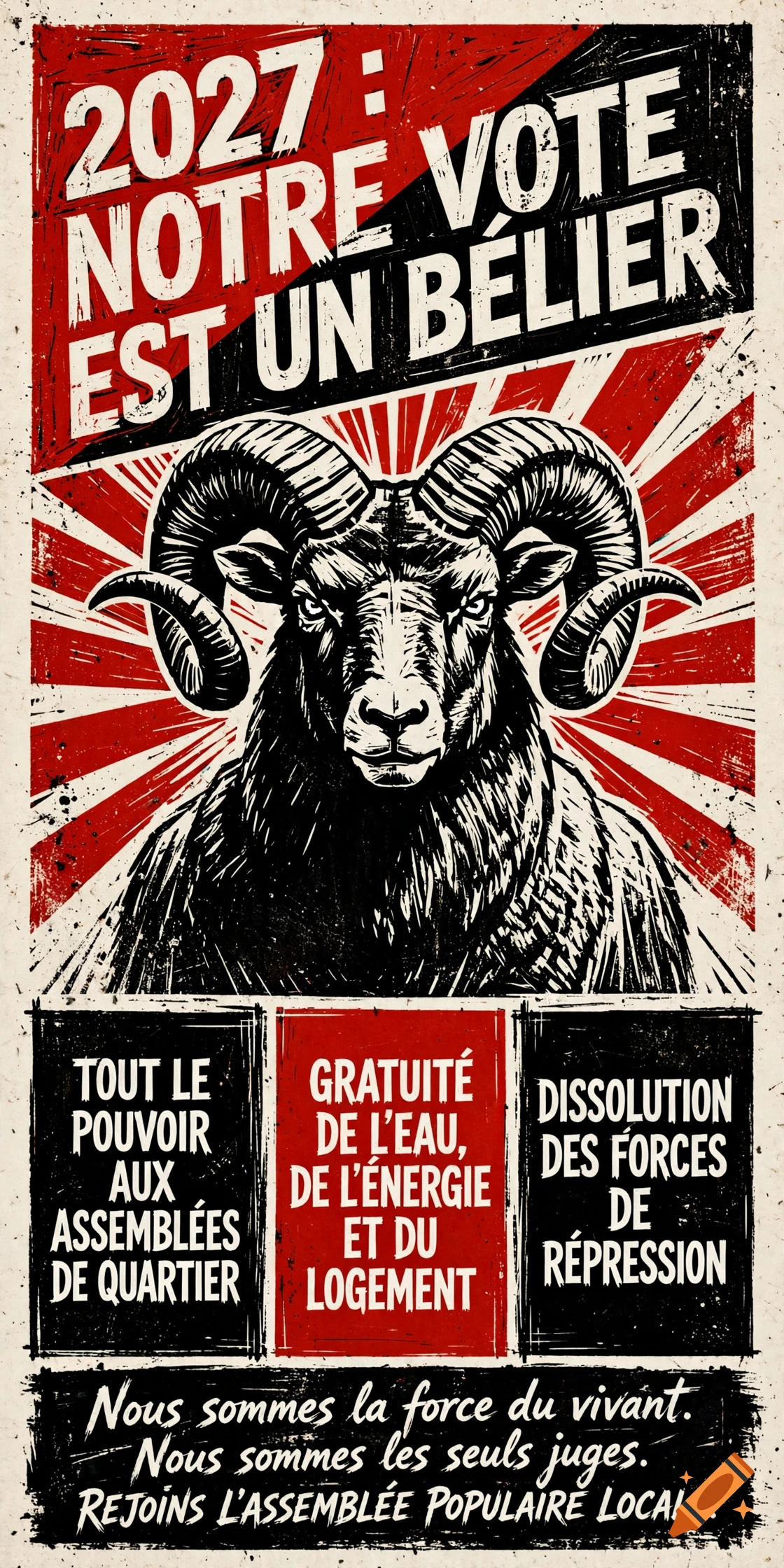 Political poster in linocut style with a ram head and French text in red, black, and white.
