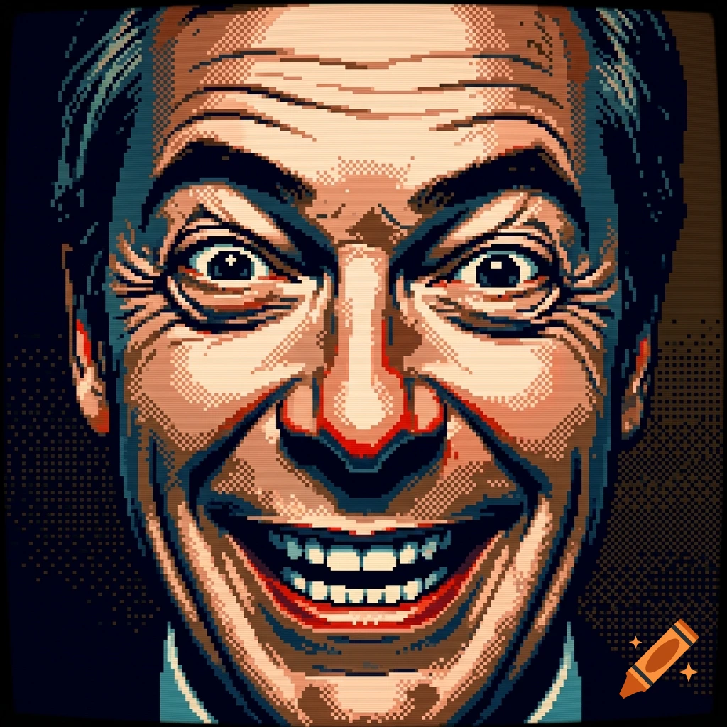 Close-up portrait of Nigel Farage laughing maniacally in the style of Commodore 64 pixel art.