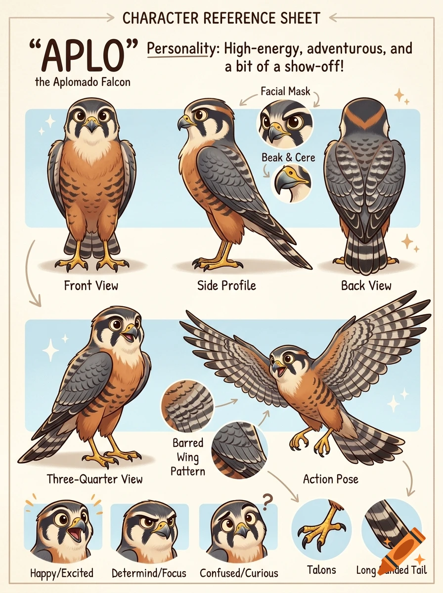 Character reference sheet for 'Aplo' the Aplomado falcon in cartoon style showing various poses, expressions, and anatomy details.