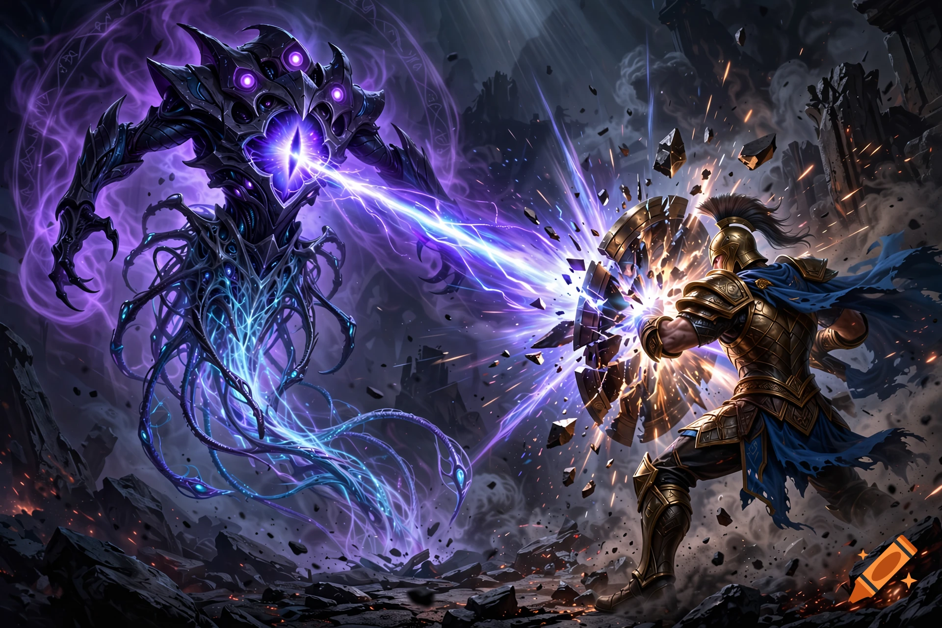 Digital illustration of a glowing purple creature firing an energy beam at a warrior holding a shield in a rocky landscape.