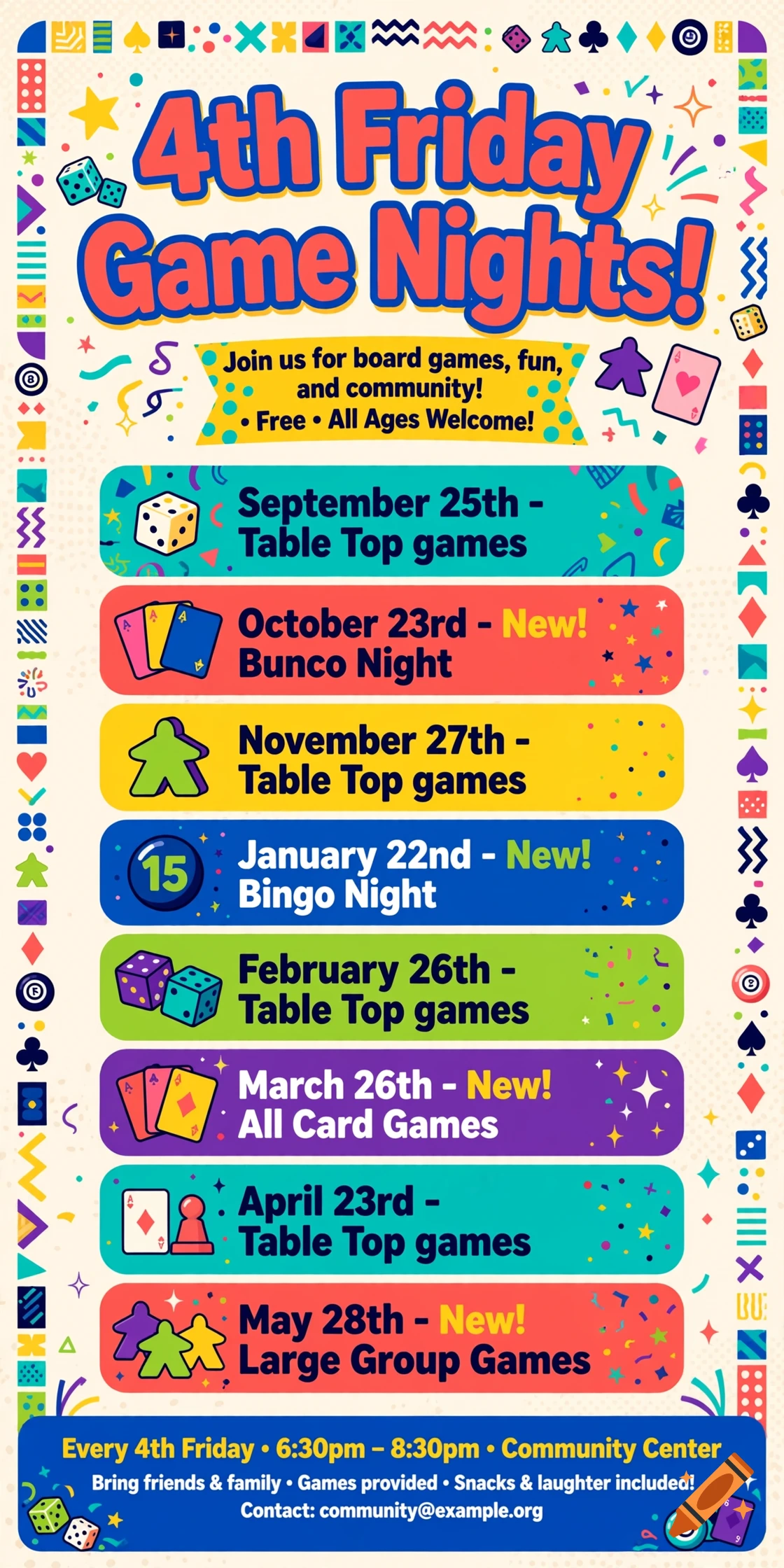 Colorful game night flyer with bold text and board game icons on a cream background.