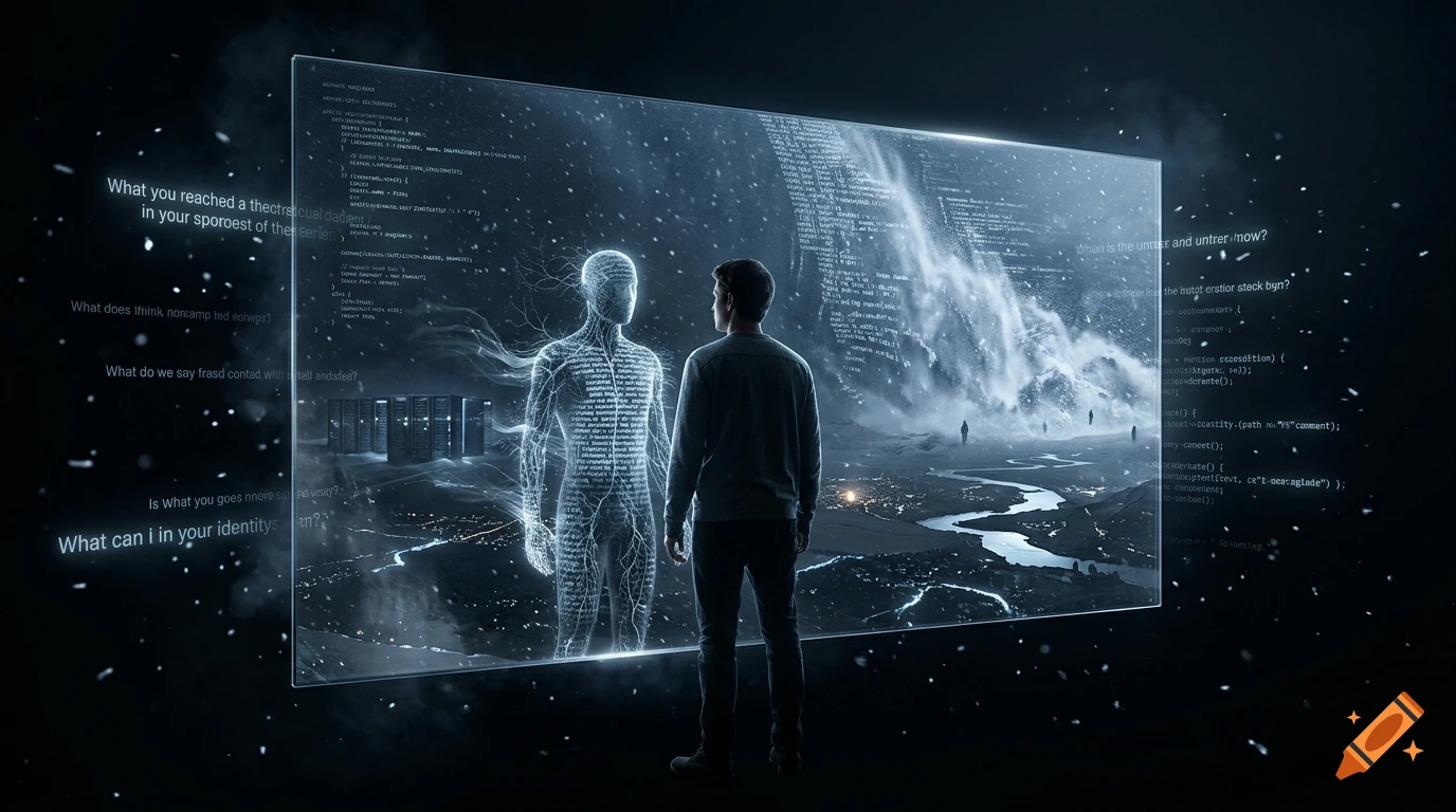 Surreal cinematic portrait of a person standing before a large floating mirror displaying a digital figure and code in a dark void.