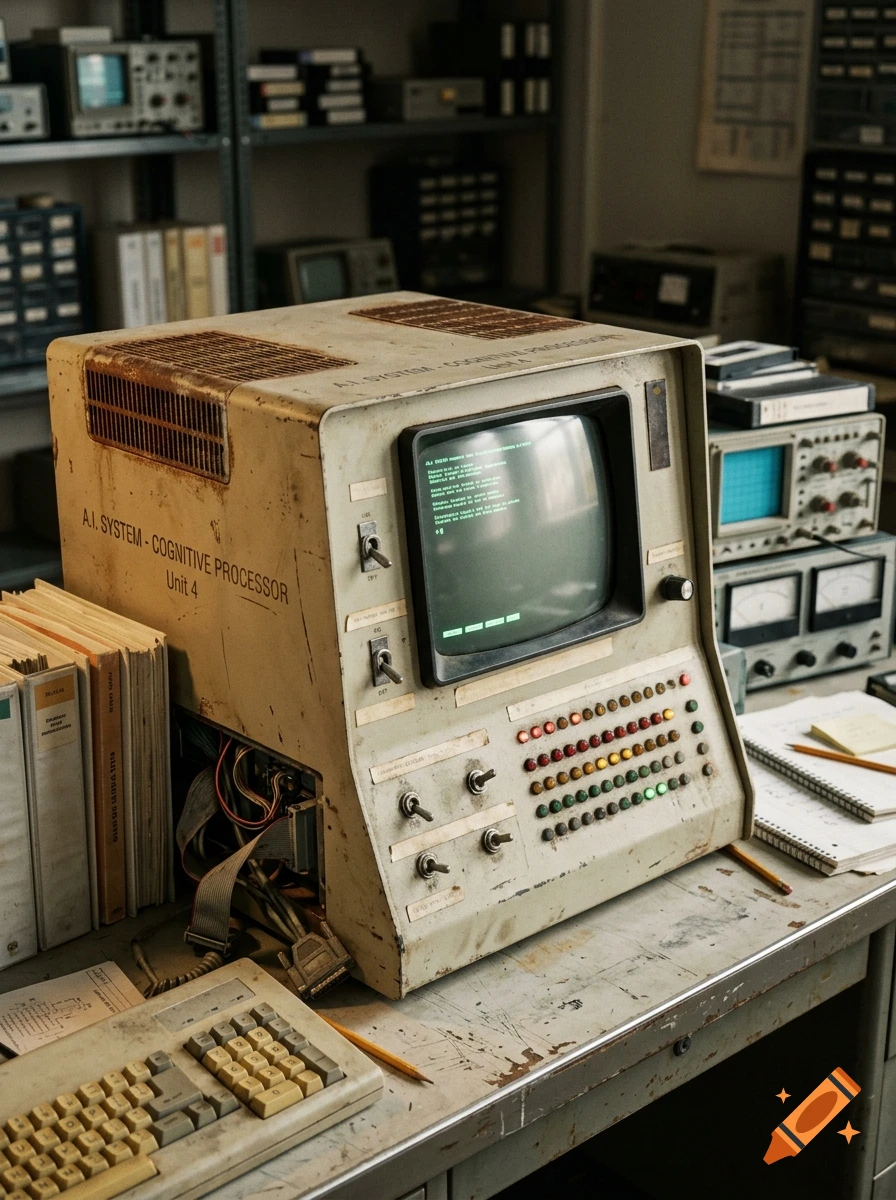An old, worn retro computer console with a green CRT screen, switches, and a control panel sits on a cluttered workbench in a lab.