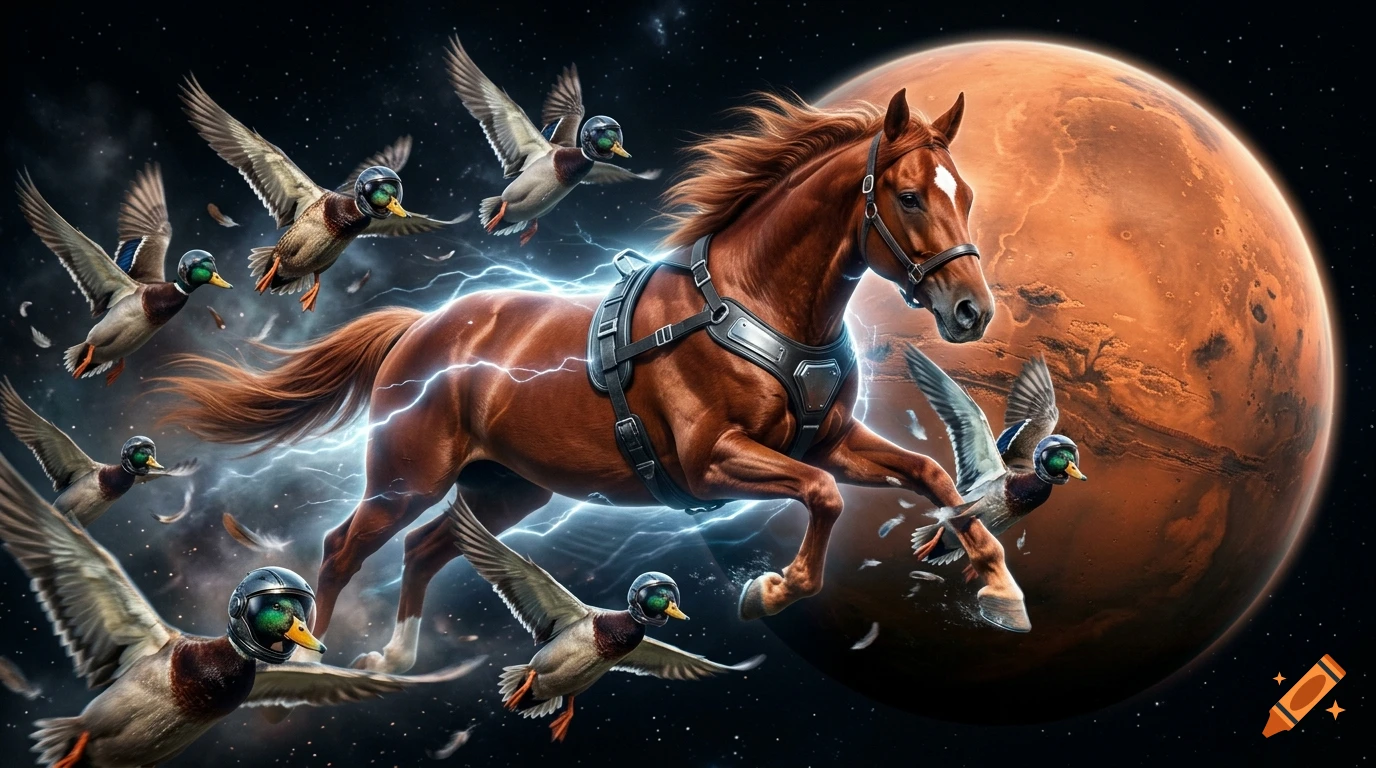 A brown horse in a harness running through space towards a red planet, surrounded by flying ducks wearing helmets.