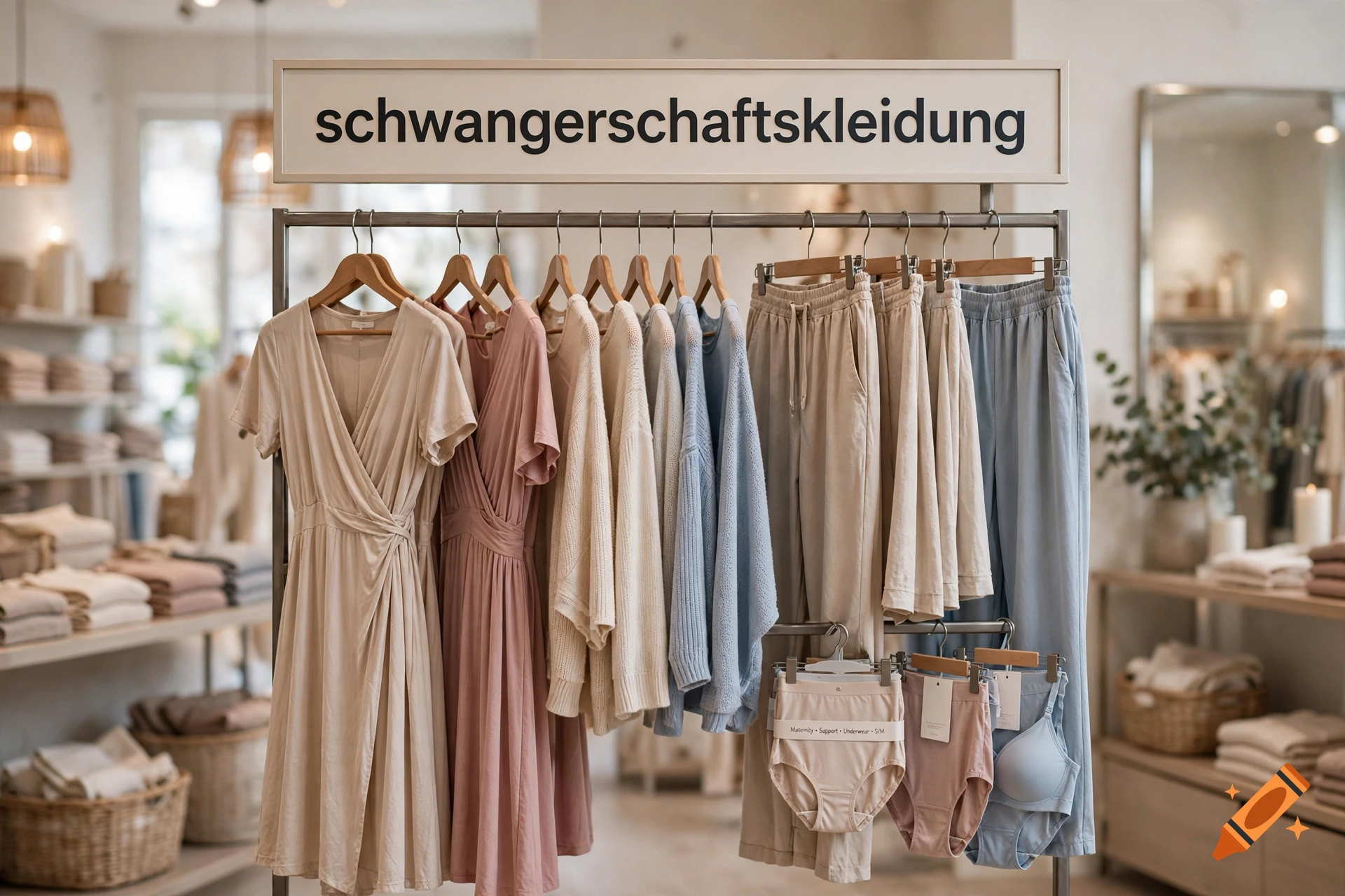 Photorealistic display of maternity clothing and underwear on a rack in a boutique store with a sign reading 'schwangerschaftskleidung'.