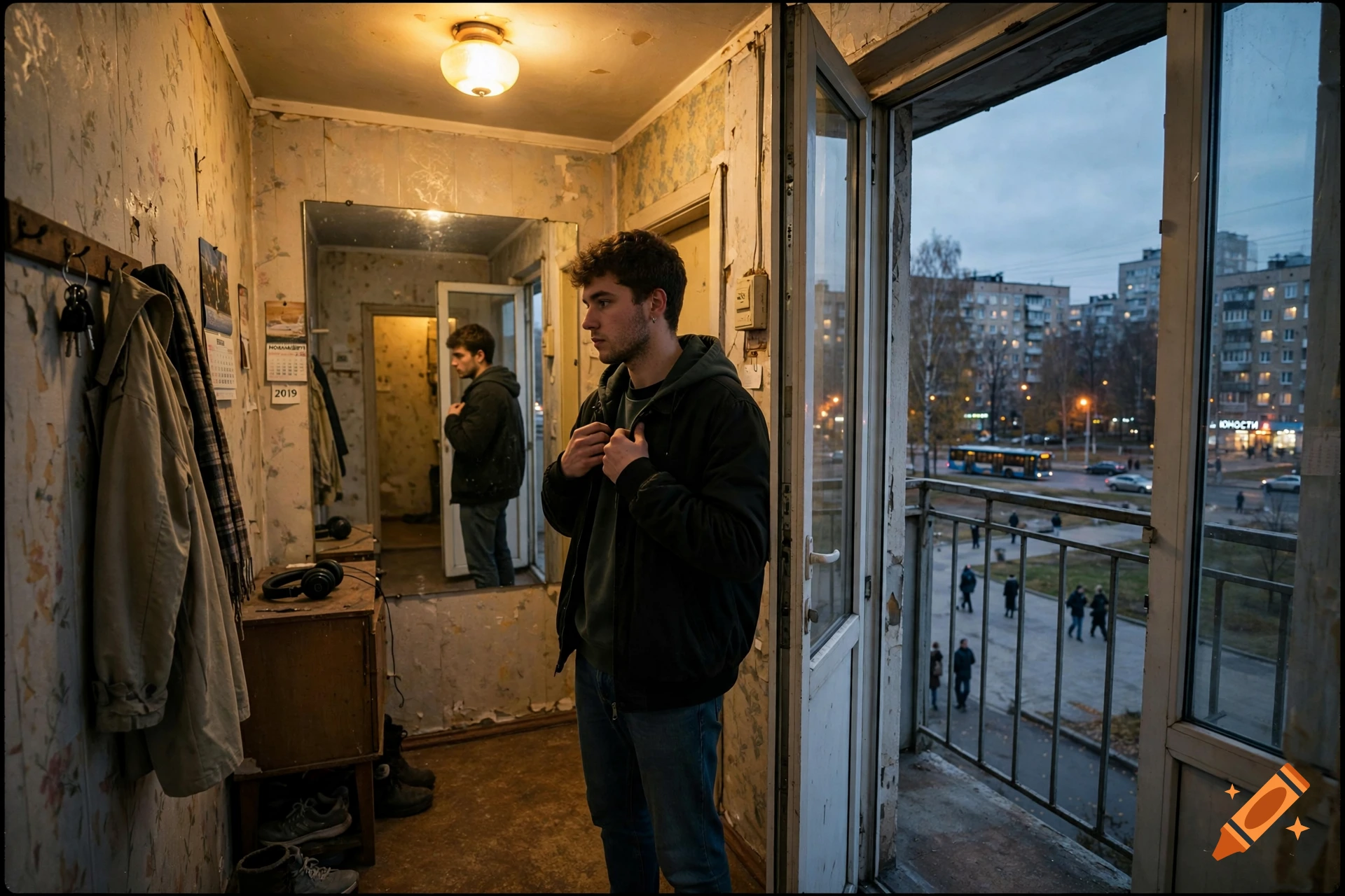Photorealistic scene of a young man adjusting his jacket in the hallway of a Soviet-era apartment, looking into a mirror.