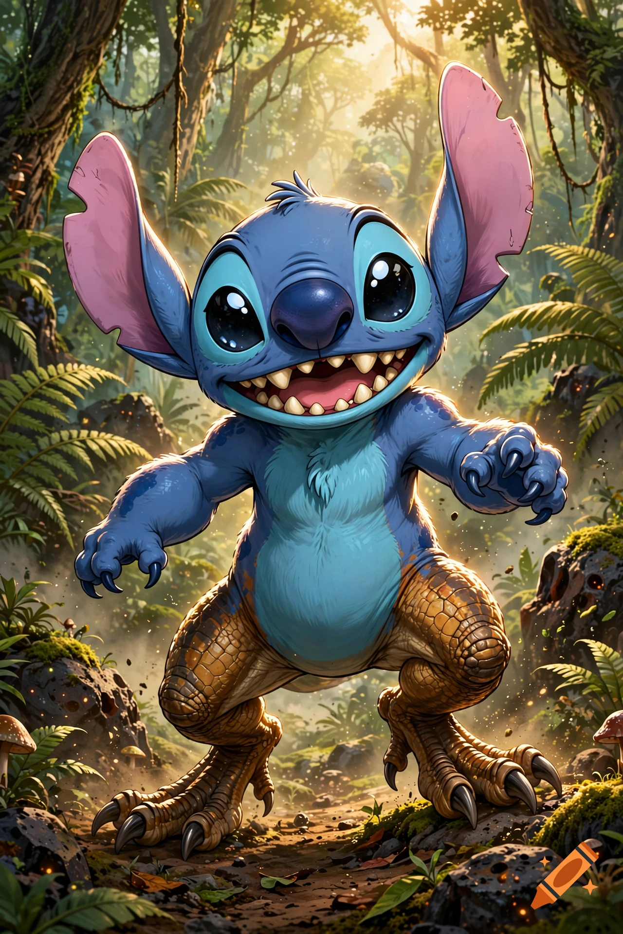 Stitch with raptor legs standing in a lush jungle, digital illustration.