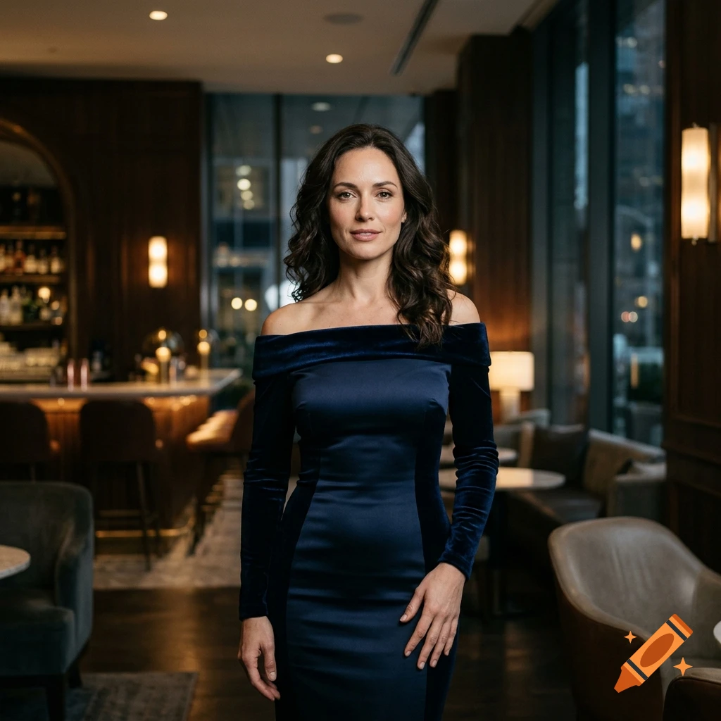 Photorealistic portrait of a woman in a dark blue off-the-shoulder dress standing in a bar or lounge.