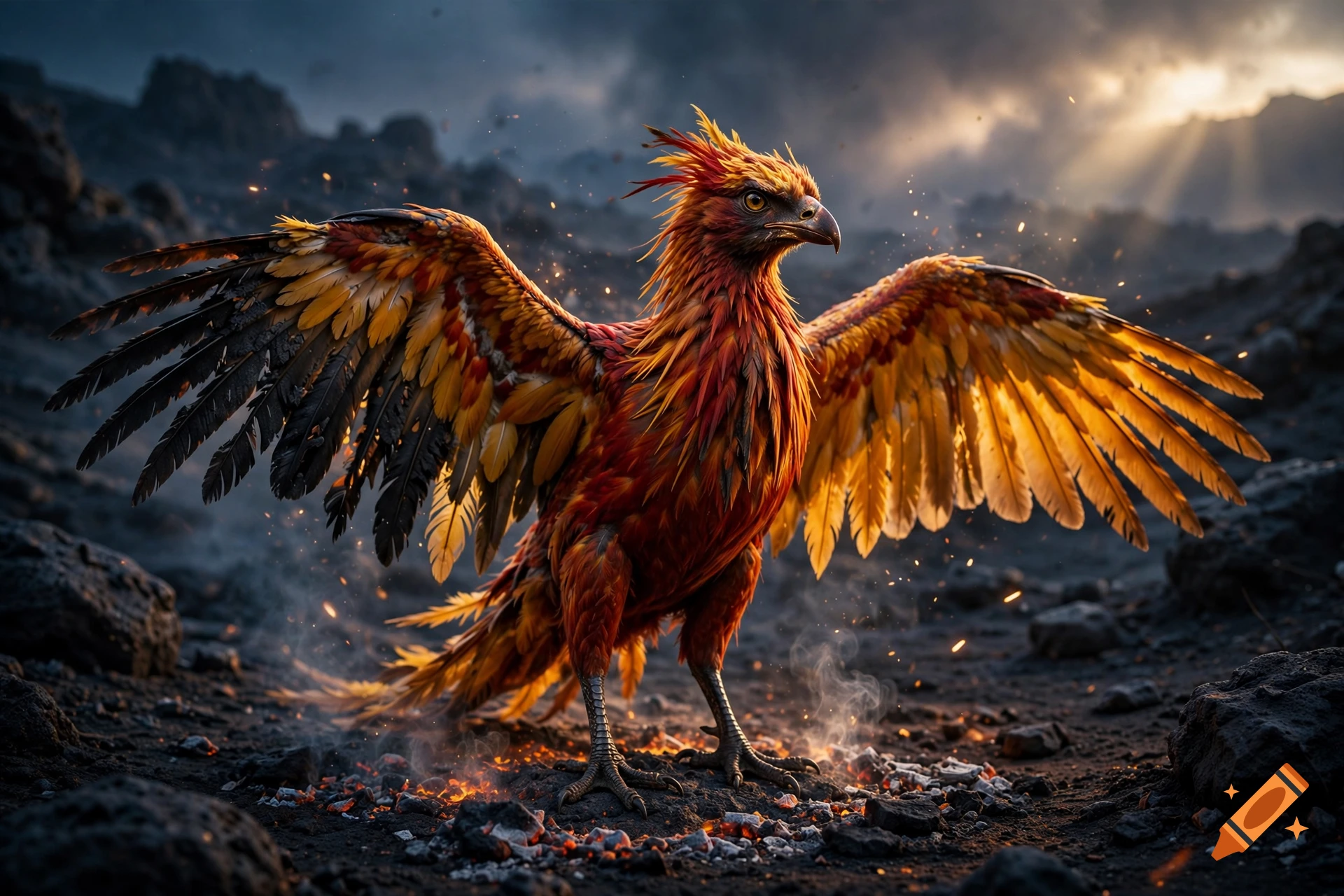 Photorealistic image of a majestic phoenix with fiery orange and yellow wings standing amidst smoke and ashes on volcanic rocks.