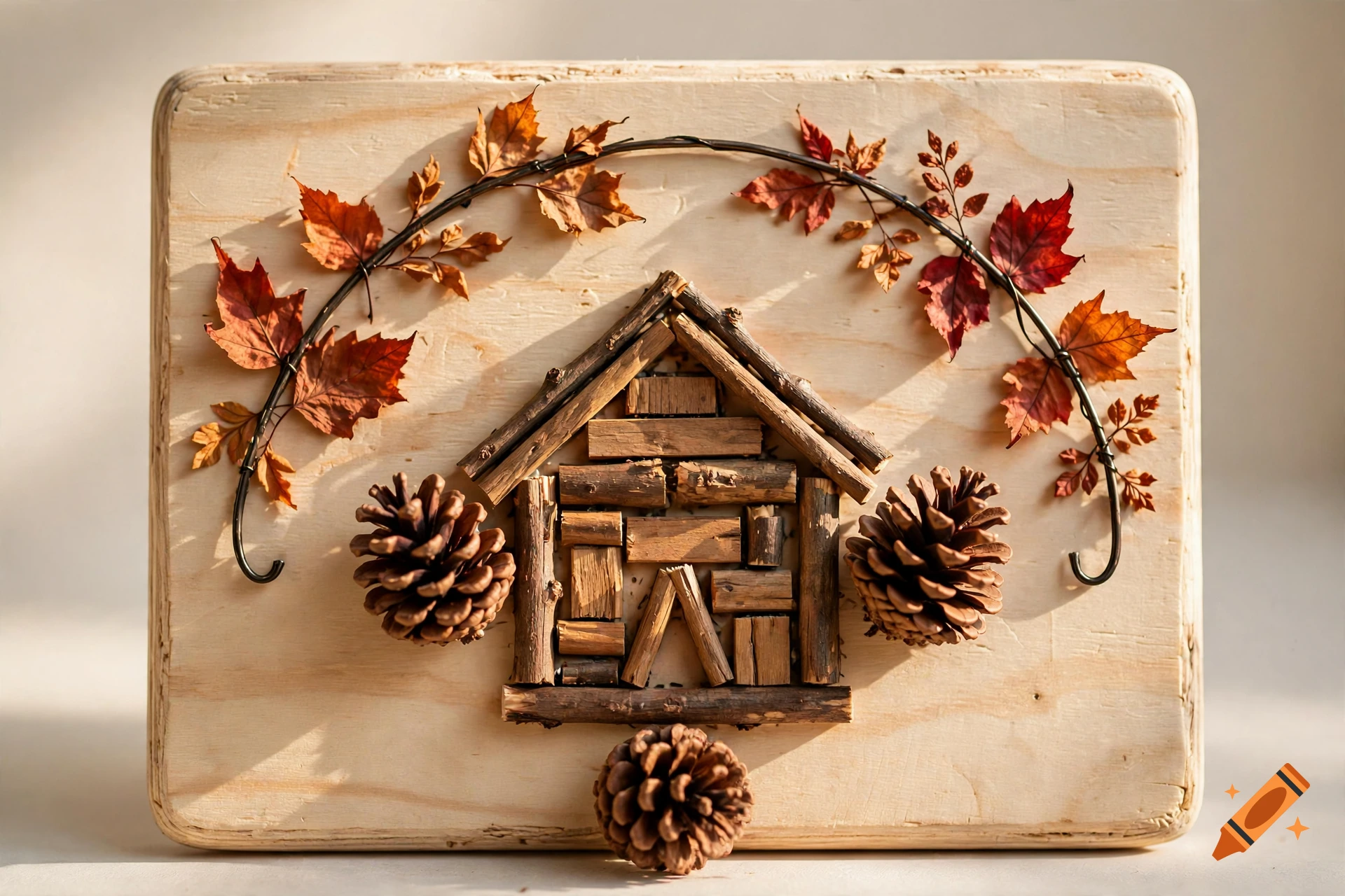 Photograph of a handmade wooden wall art featuring a miniature house made of sticks, pinecones, and autumn leaves on plywood.