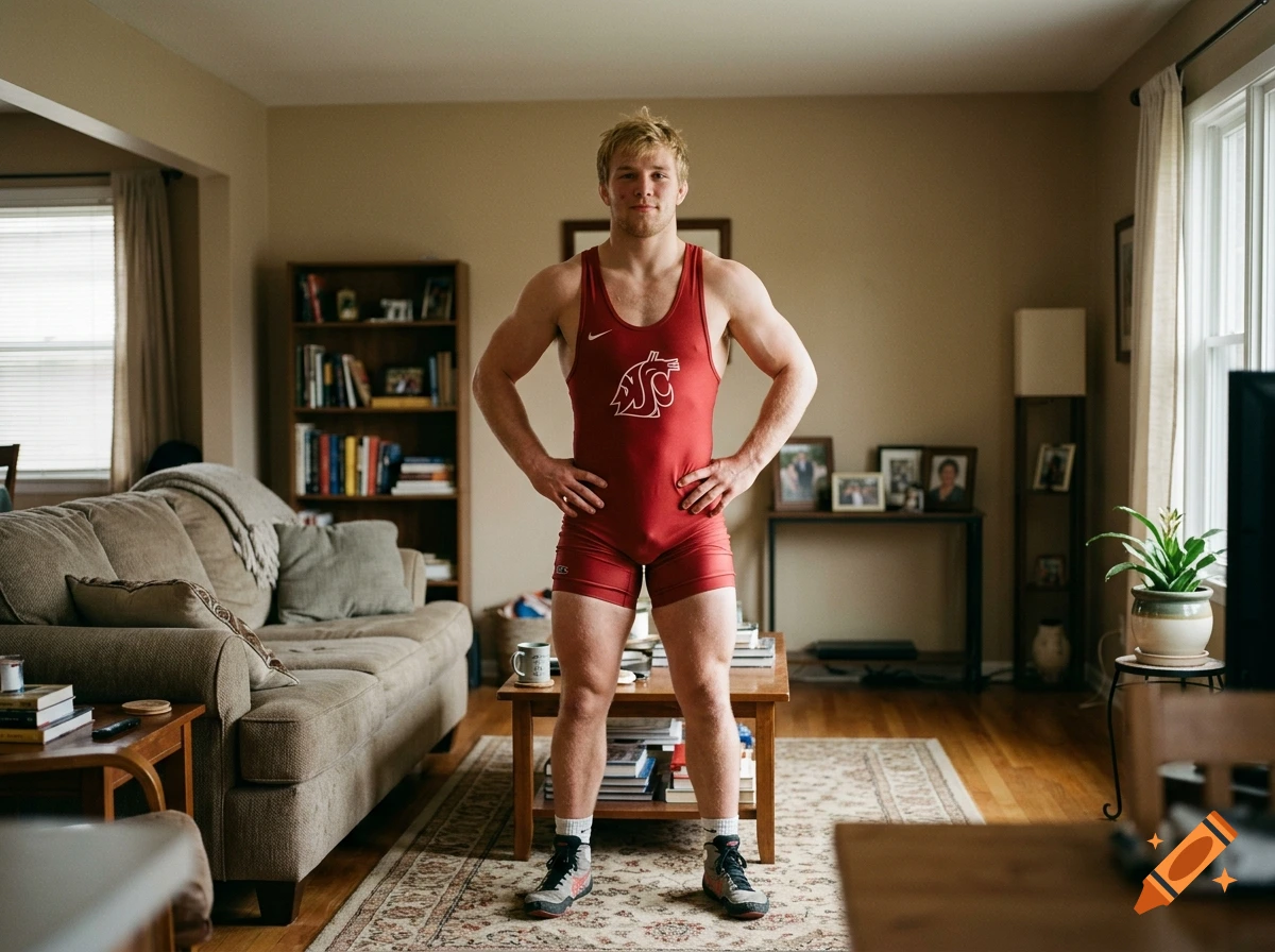 Photorealistic image of a blonde male collegiate wrestler in a red singlet standing in a living room.
