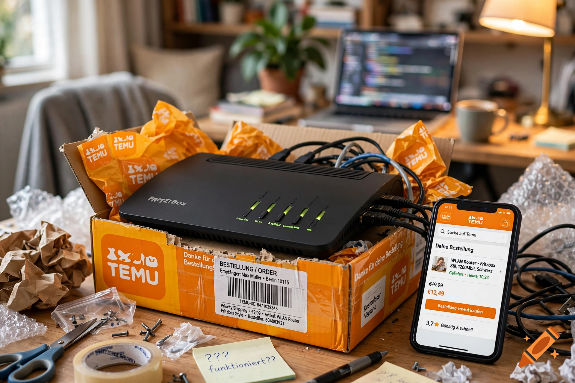 A Fritzbox router in a Temu shipping box on a wooden desk next to a smartphone showing a shopping app and a sticky note.