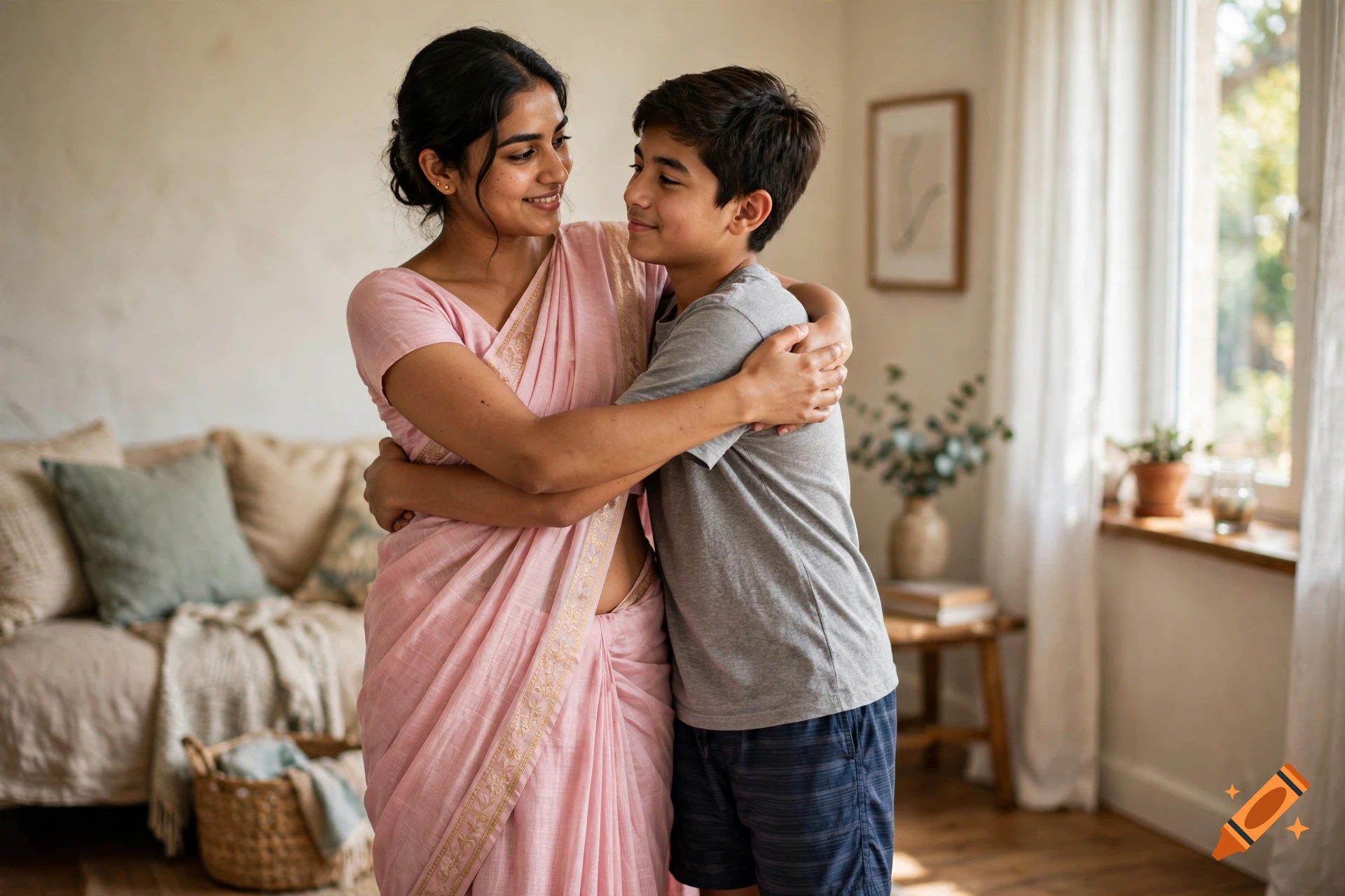 Photorealistic image of an Indian woman in a pink saree hugging a teenage boy indoors.