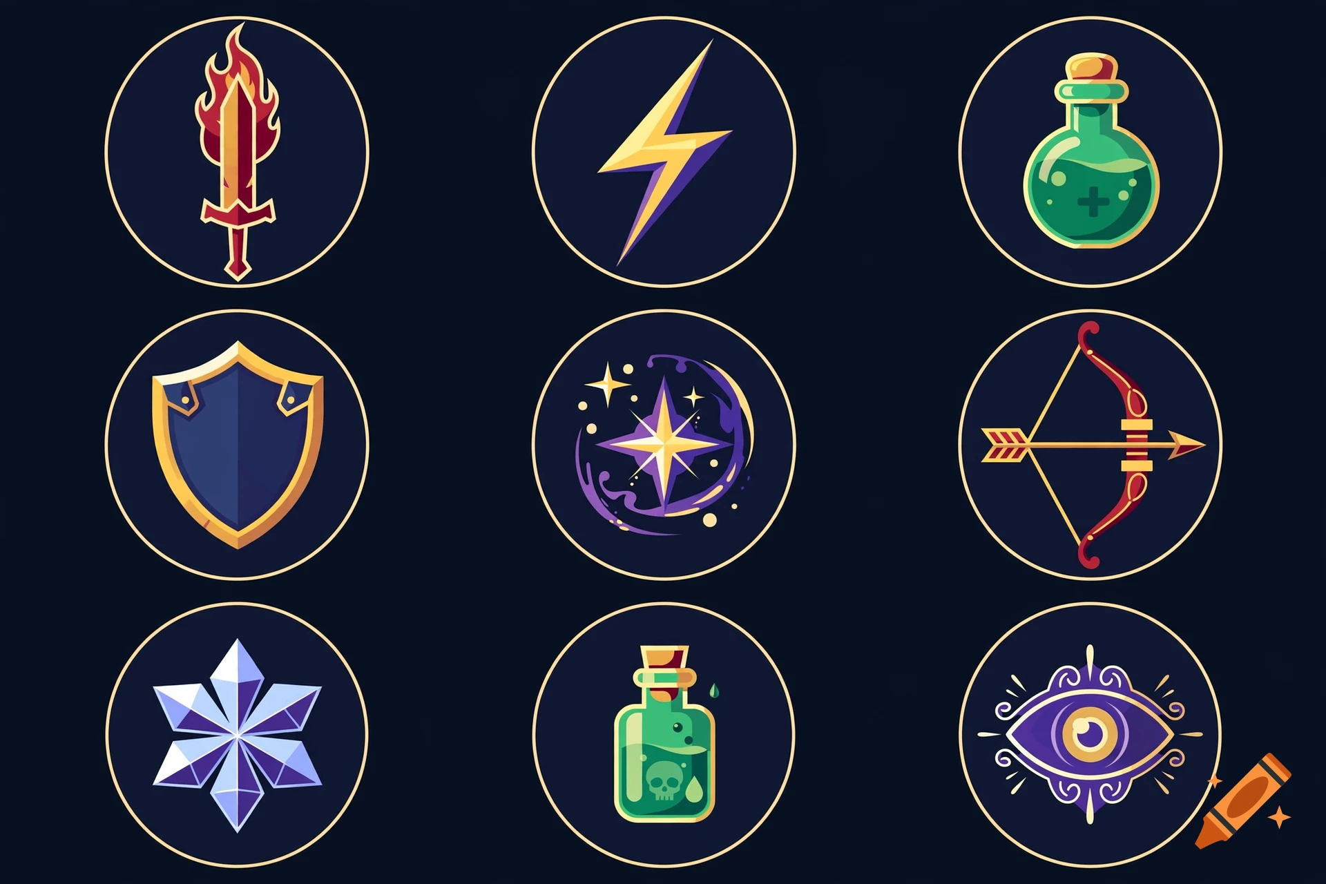 Grid of nine RPG skill icons in circular frames, featuring weapons, potions, a shield, and magic symbols on a dark background.