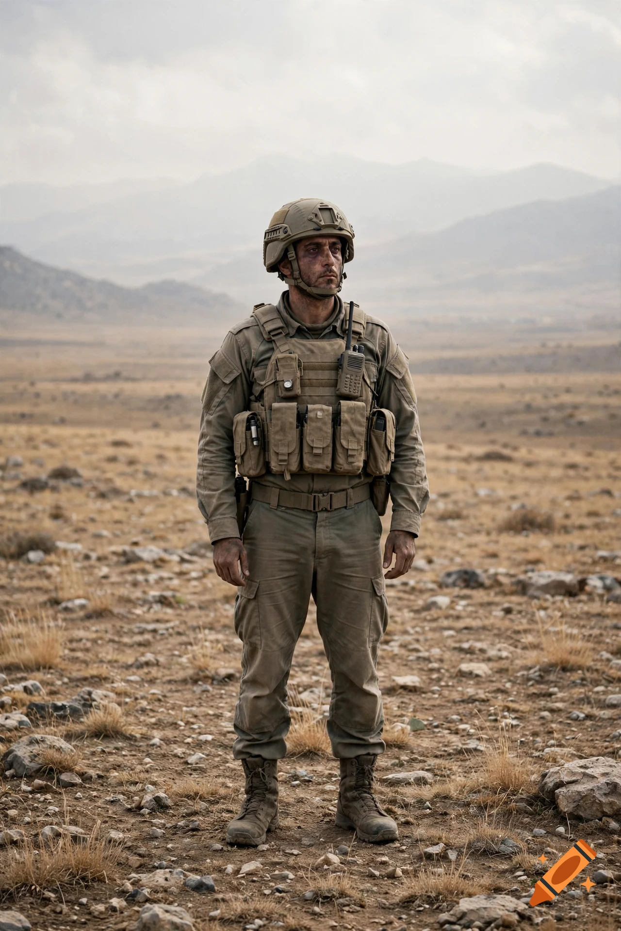 Photorealistic full-body portrait of a tired modern military soldier standing in a desolate mountain landscape.
