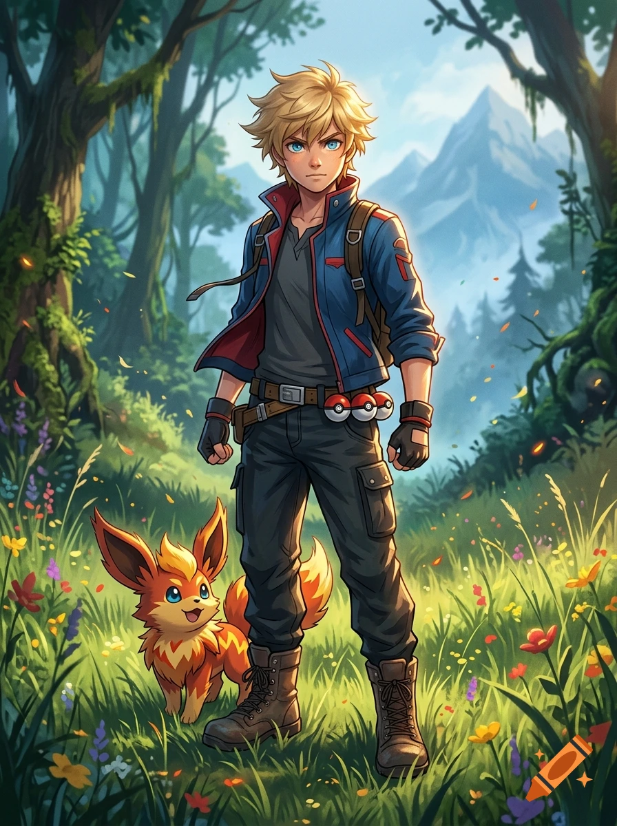 Anime style illustration of a young blonde trainer with a cute flareon in a lush forest with mountains in the background.