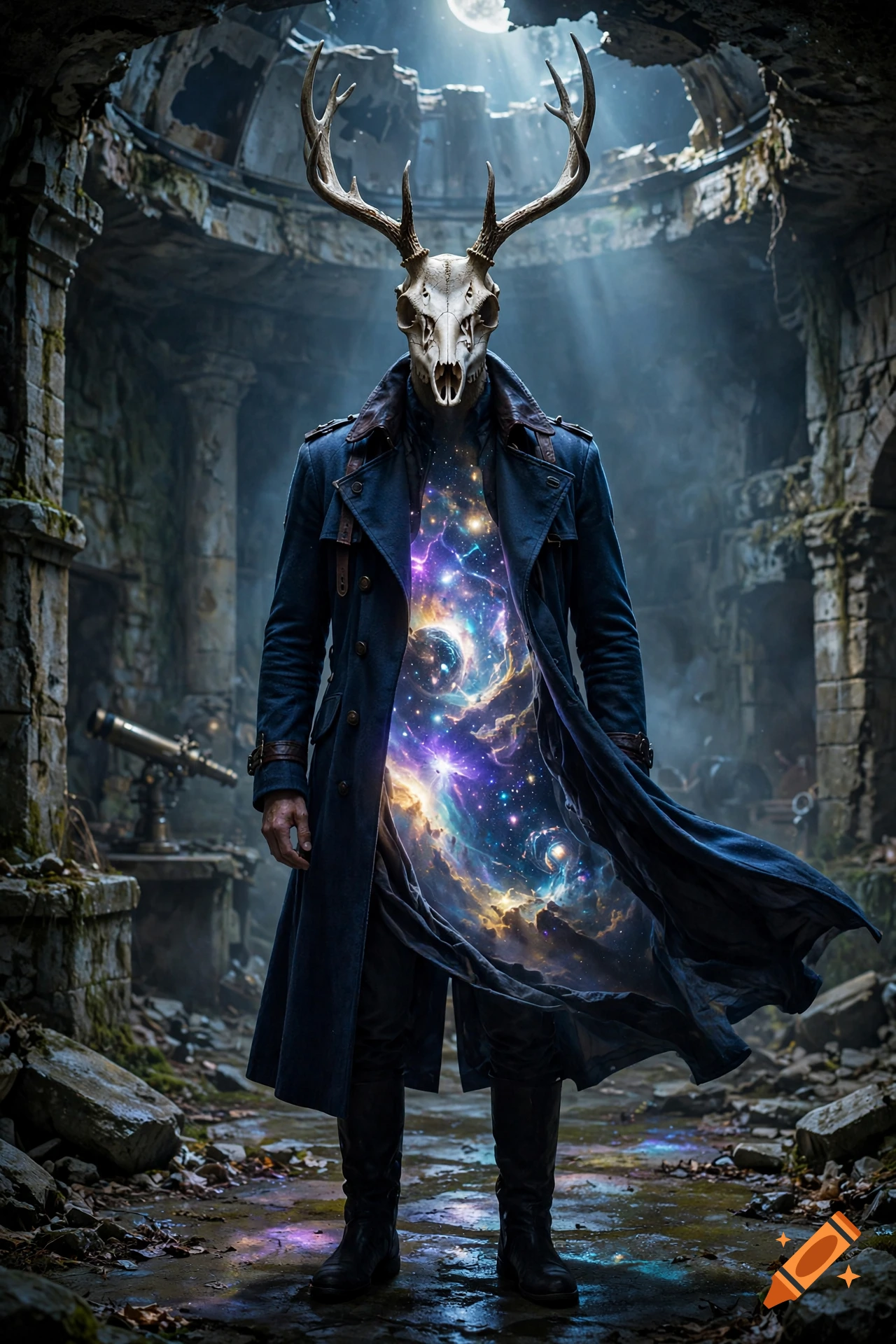 A photorealistic figure with a deer skull for a head wearing a blue trench coat, revealing a swirling galaxy inside.