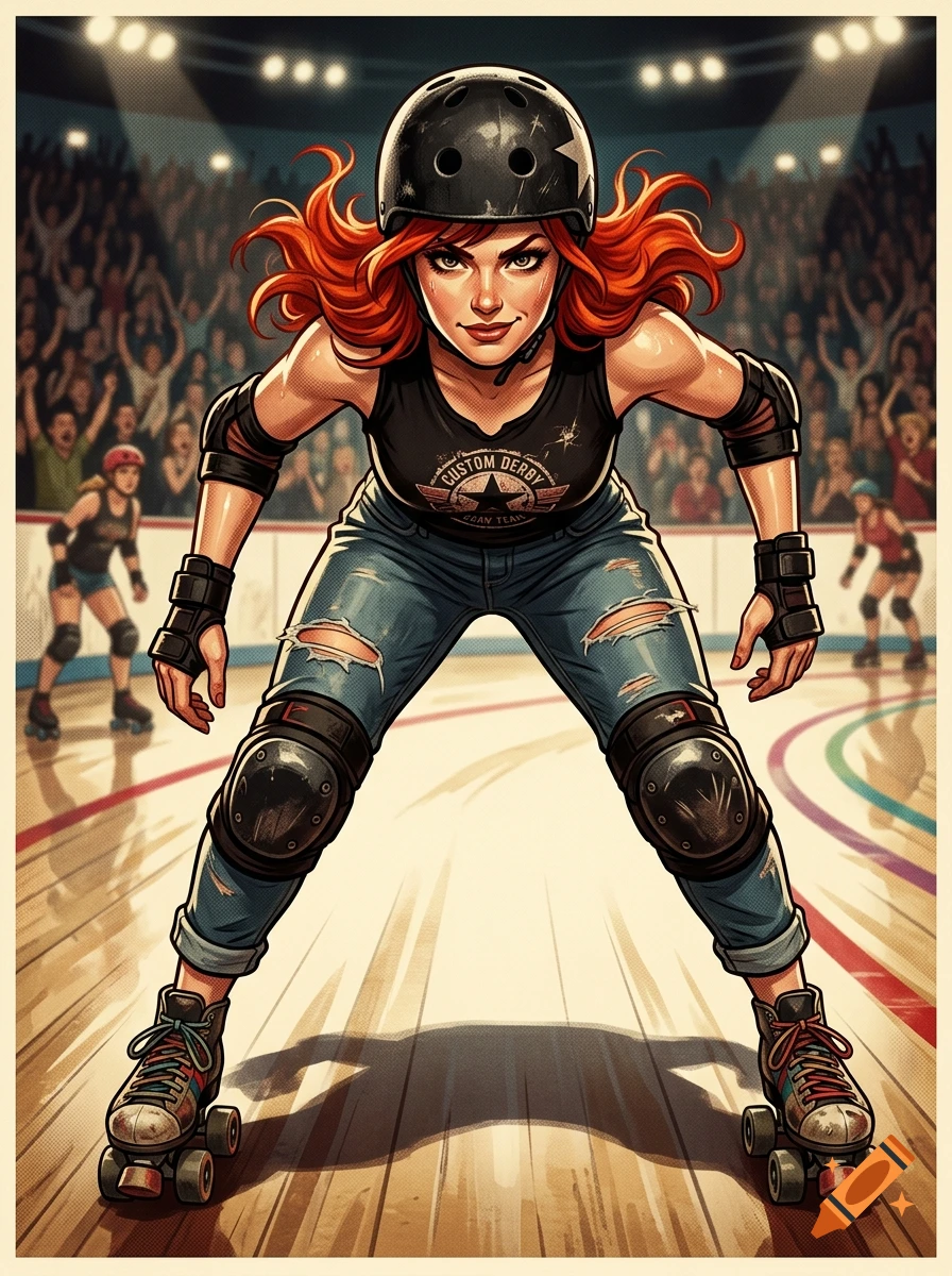 Illustration of a roller derby jammer with red hair in a helmet crouching on a wooden track in a crowded arena.