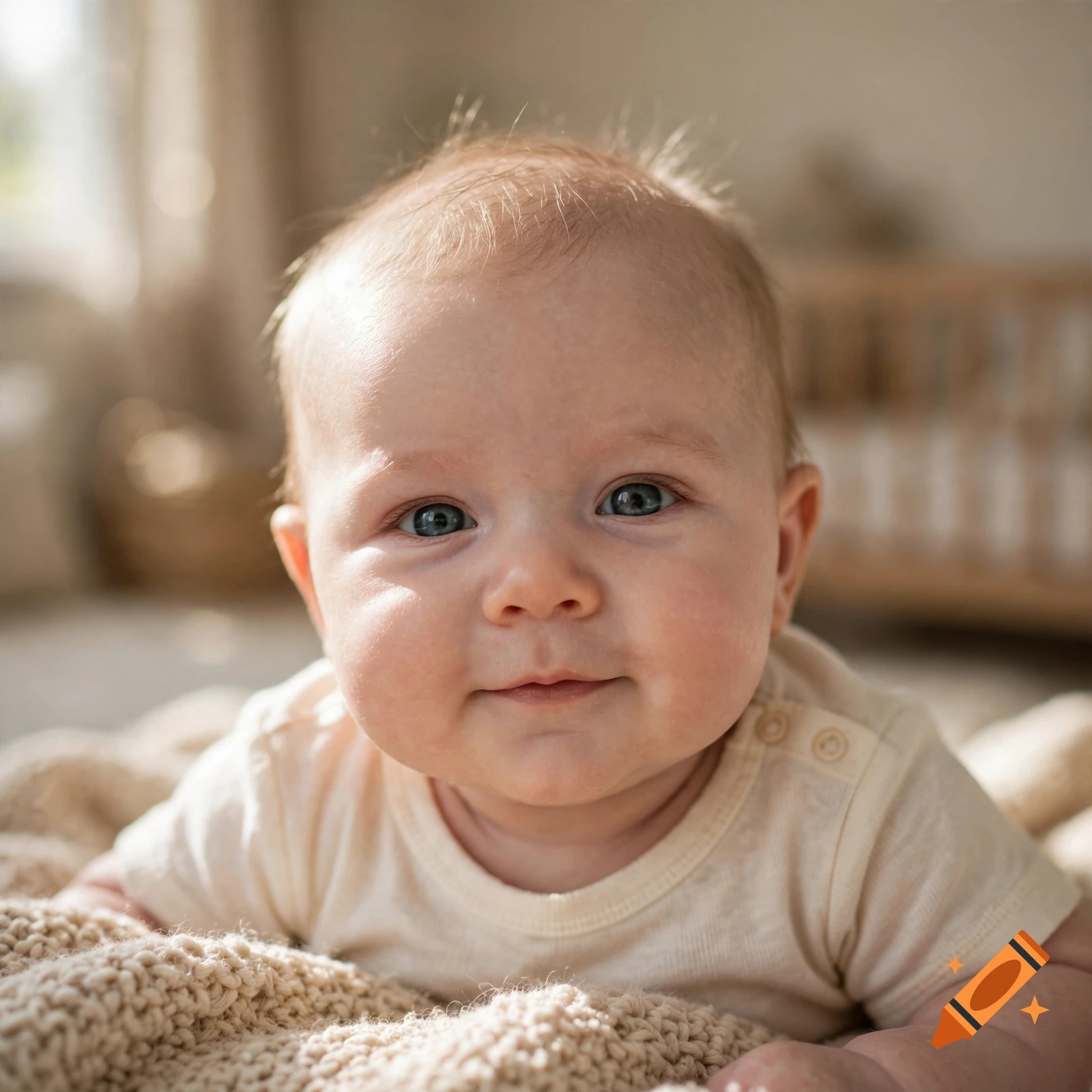 Close-up photorealistic shot of a happy baby lying on a knitted blanket.