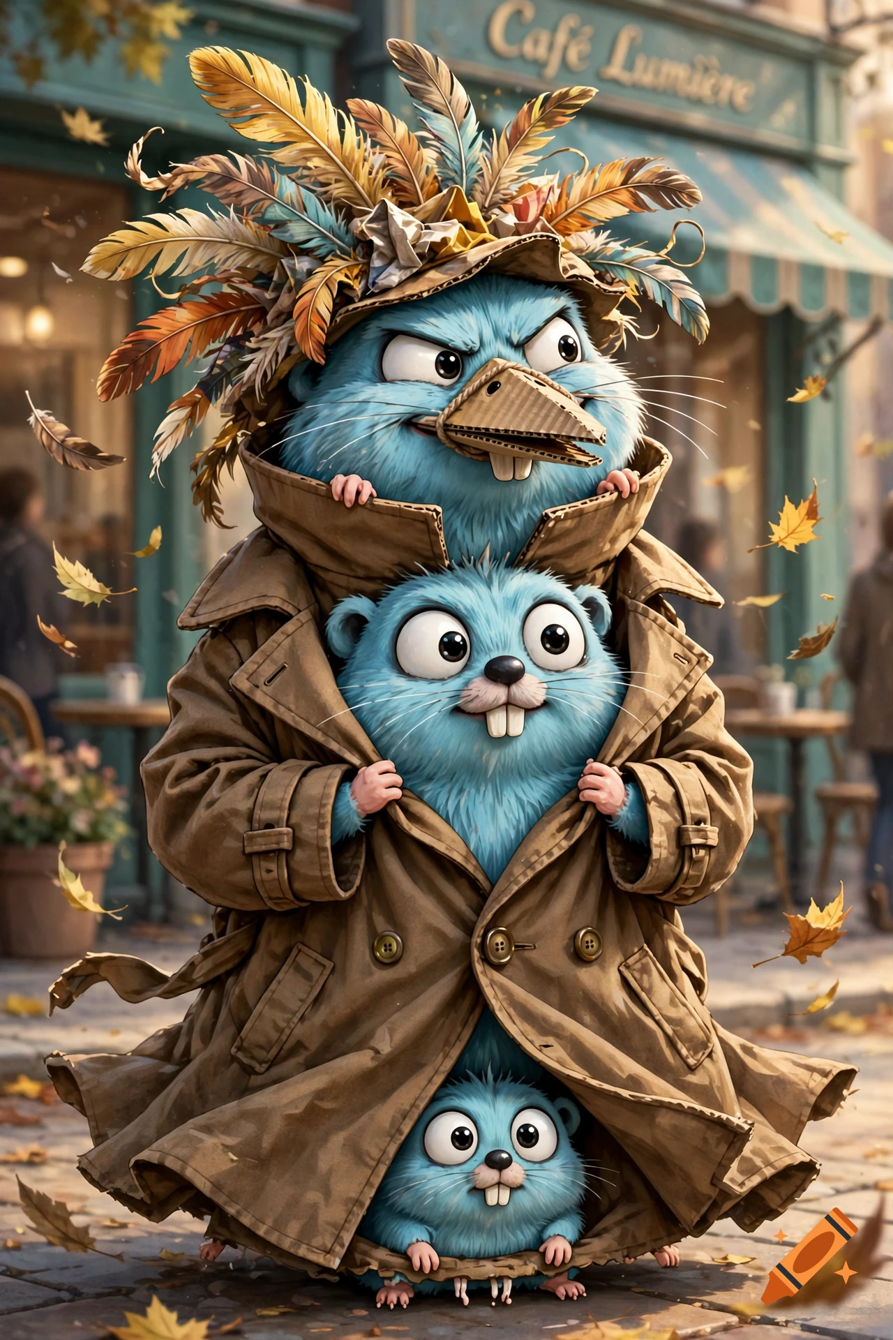 Three blue Go gophers stacked inside a trench coat, with the top one wearing a fake cardboard beak and feathered hat, in front of a cafe.