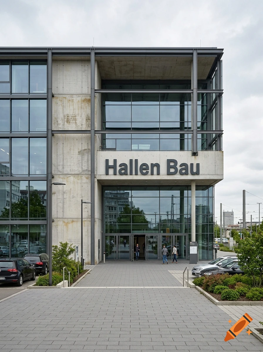 Modern concrete and glass office building exterior with the sign 'Hallen Bau' above the entrance, photorealistic.
