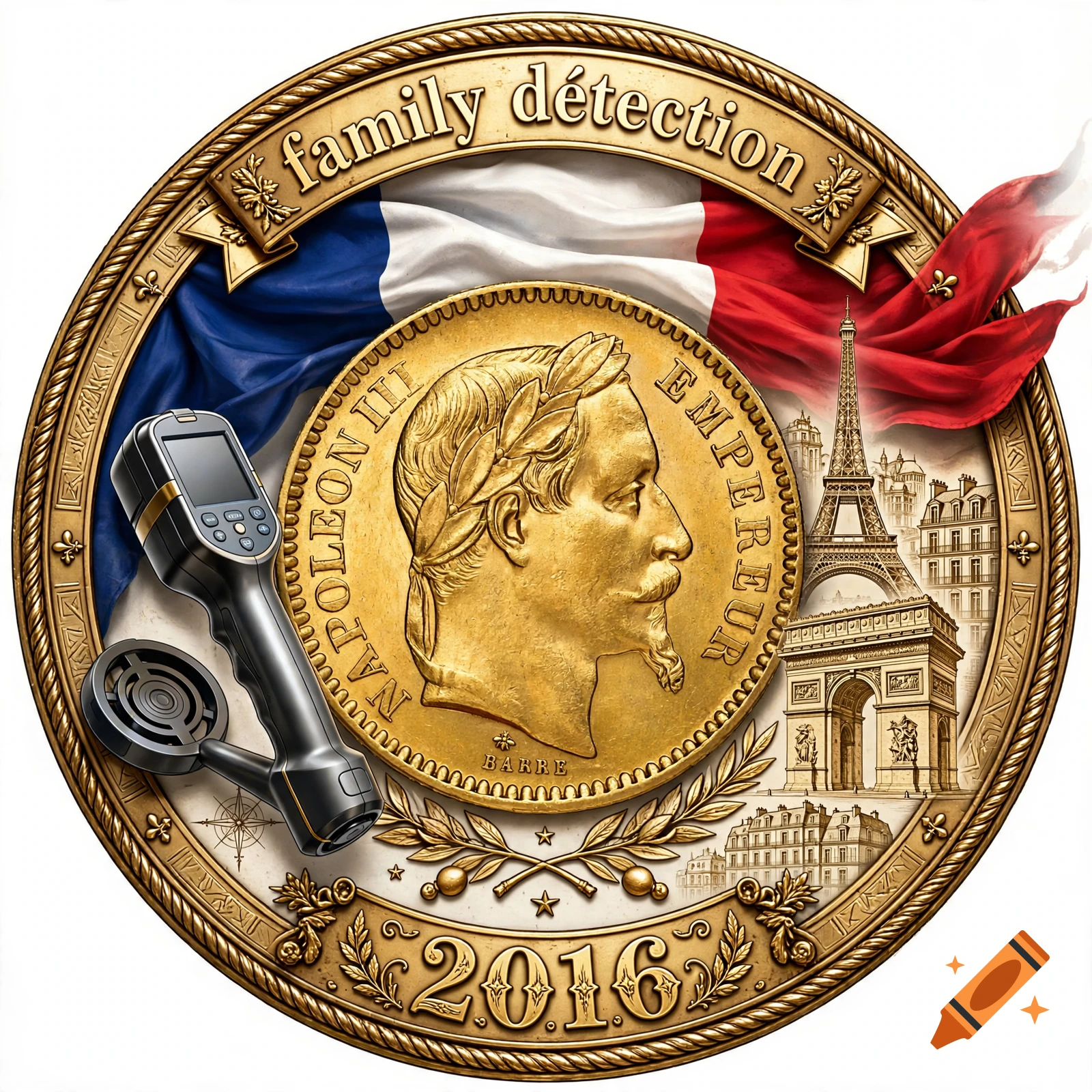 A commemorative gold coin with the profile of Napoleon III, the French flag, Parisian monuments, and the text family détection and 2016.