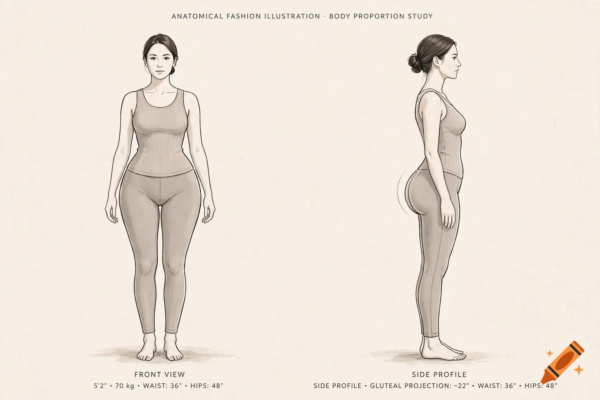 Anatomical fashion illustration of a woman showing front and side views with body proportion measurements in a sketch style.