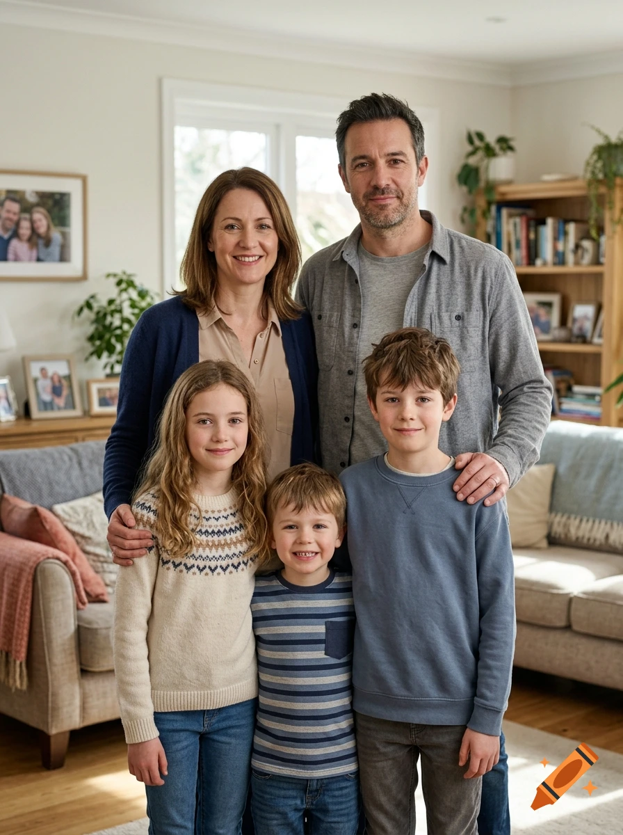 Photorealistic portrait of a family of five standing together in a living room.