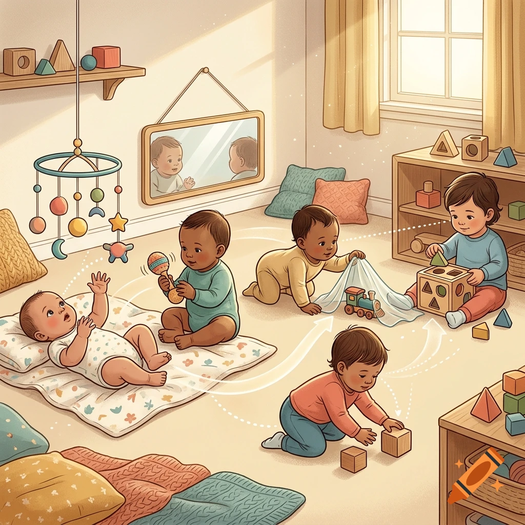 Digital illustration depicting toddlers playing and exploring in a brightly lit nursery, demonstrating stages of cognitive development.