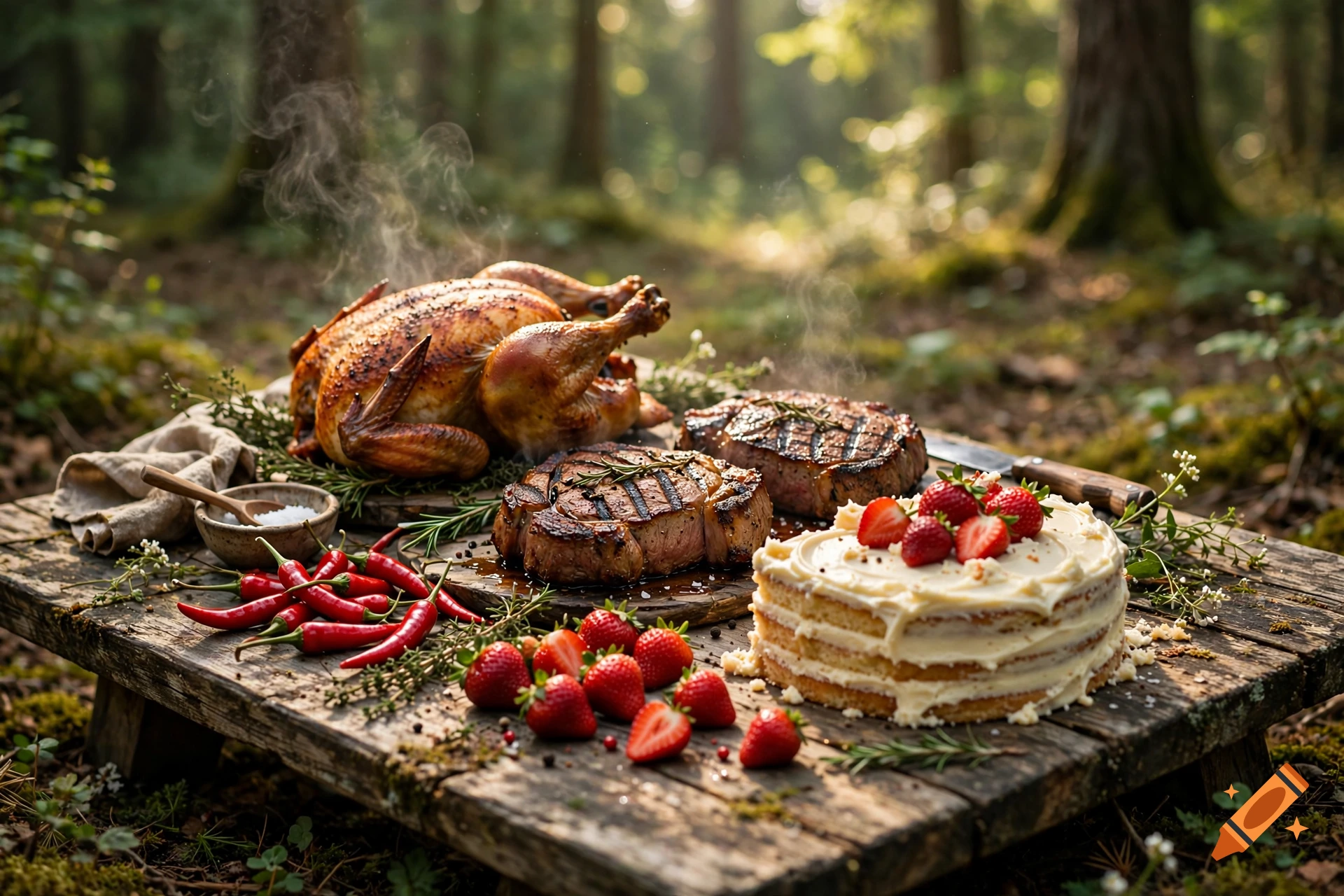 A rustic wooden table in a sunlit forest laden with roasted chicken, steaks, a frosted strawberry cake, and fresh strawberries.