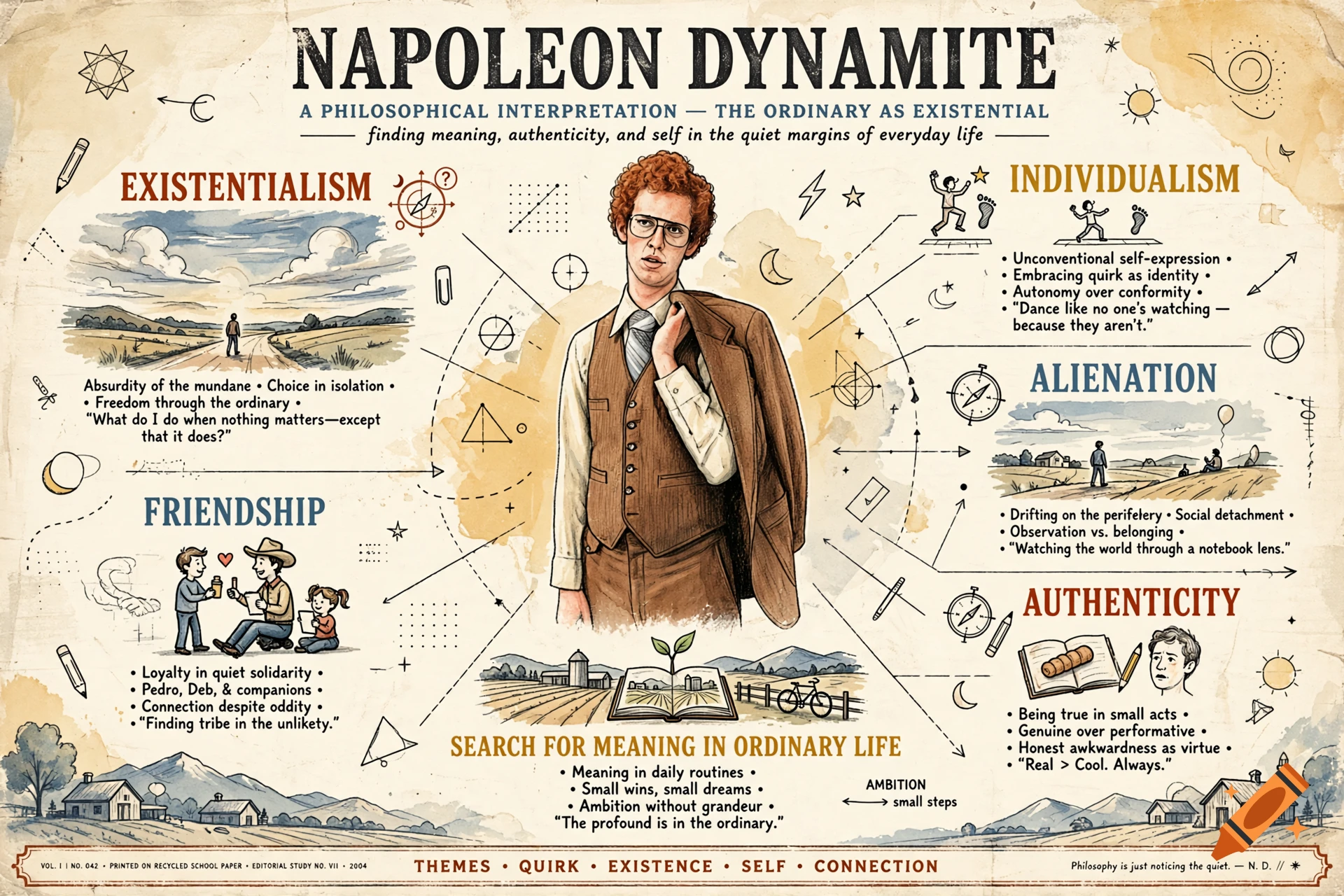 Vintage styled philosophical chart of Napoleon Dynamite with illustrations and text blocks.