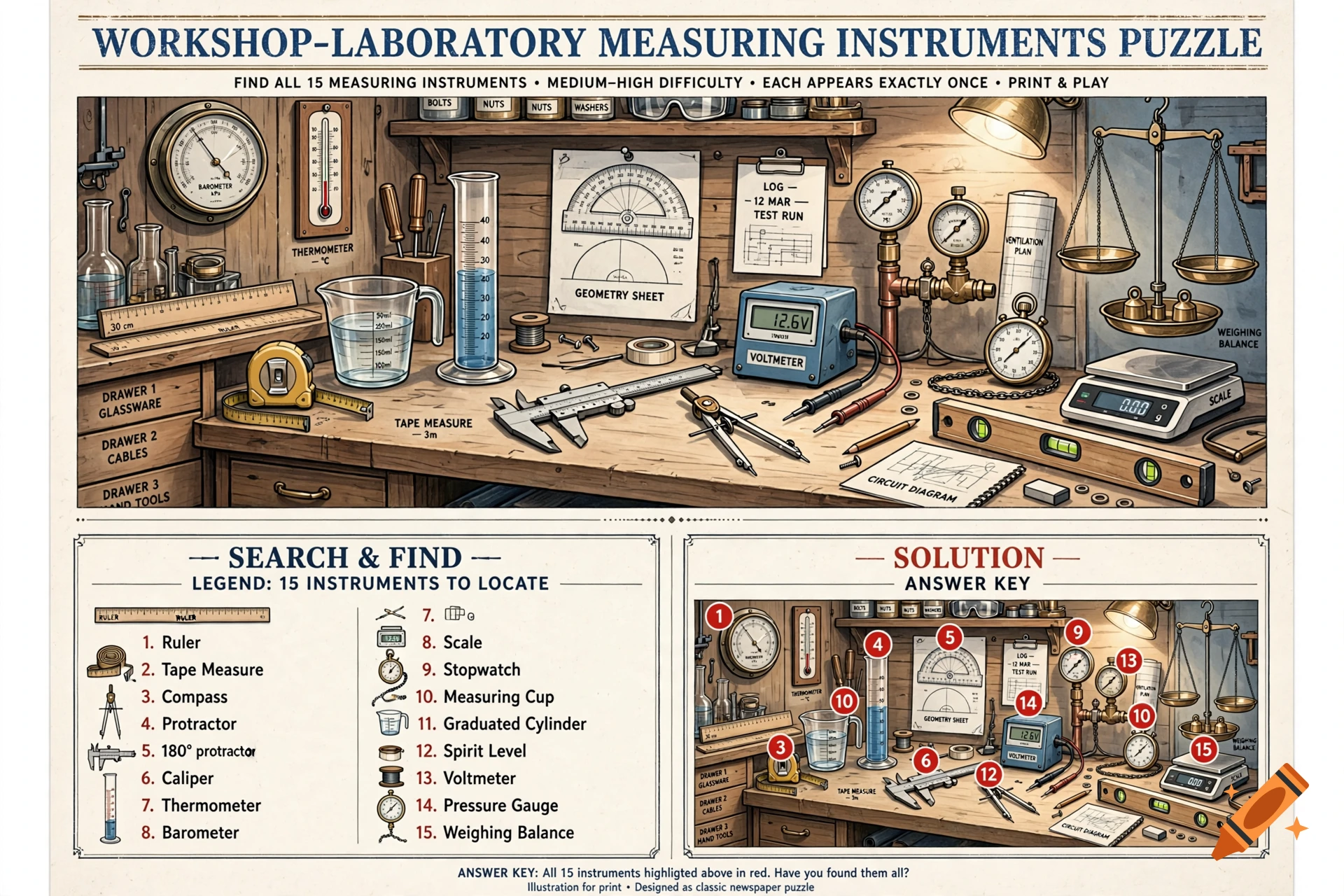 A newspaper style search and find puzzle illustration featuring various workshop and laboratory measuring instruments on a wooden bench.
