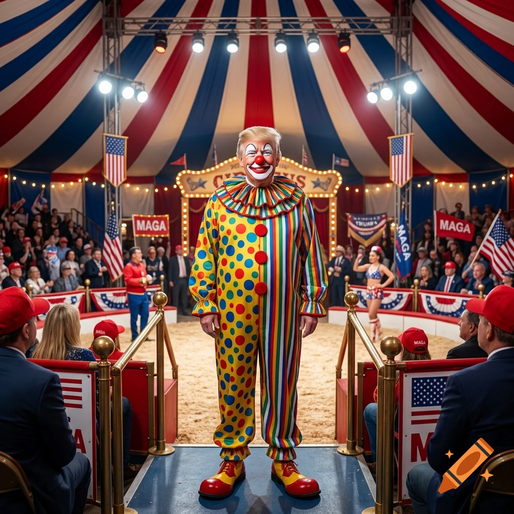 A person dressed as a clown in a colorful polka-dot and striped suit stands in the center of a circus tent ring surrounded by an audience.
