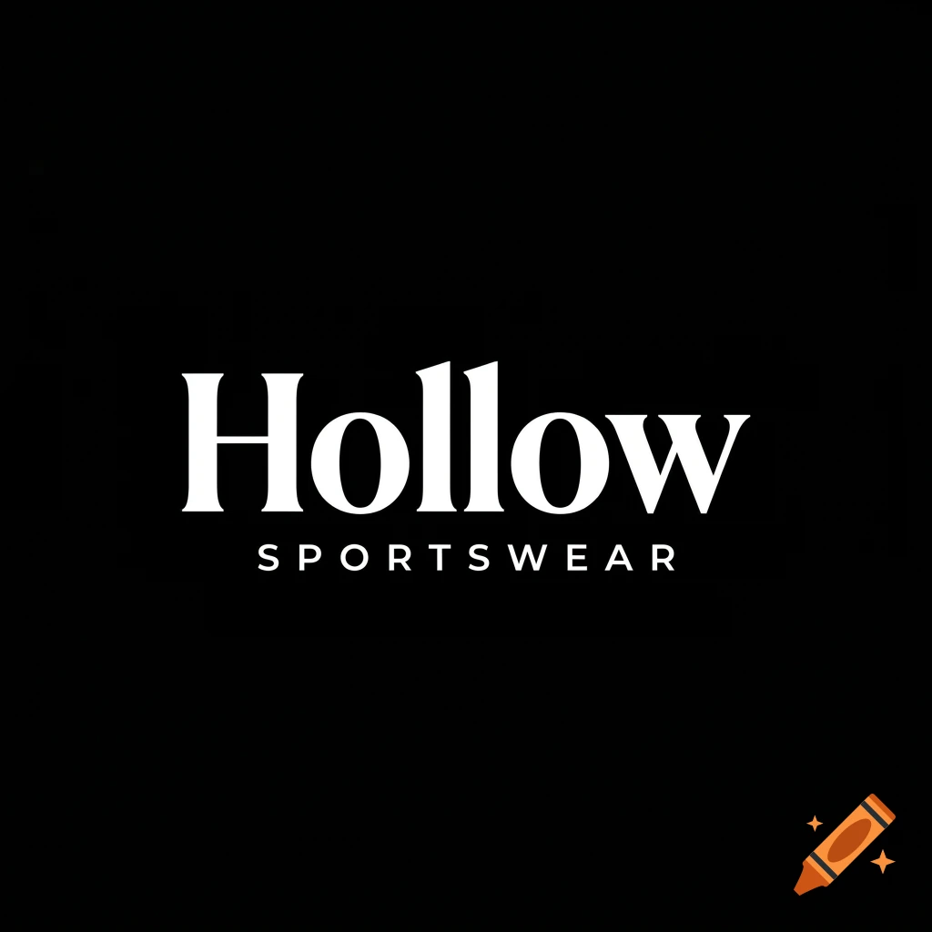 Minimalist logo with the word Hollow in white serif font and sportswear underneath on a black background.