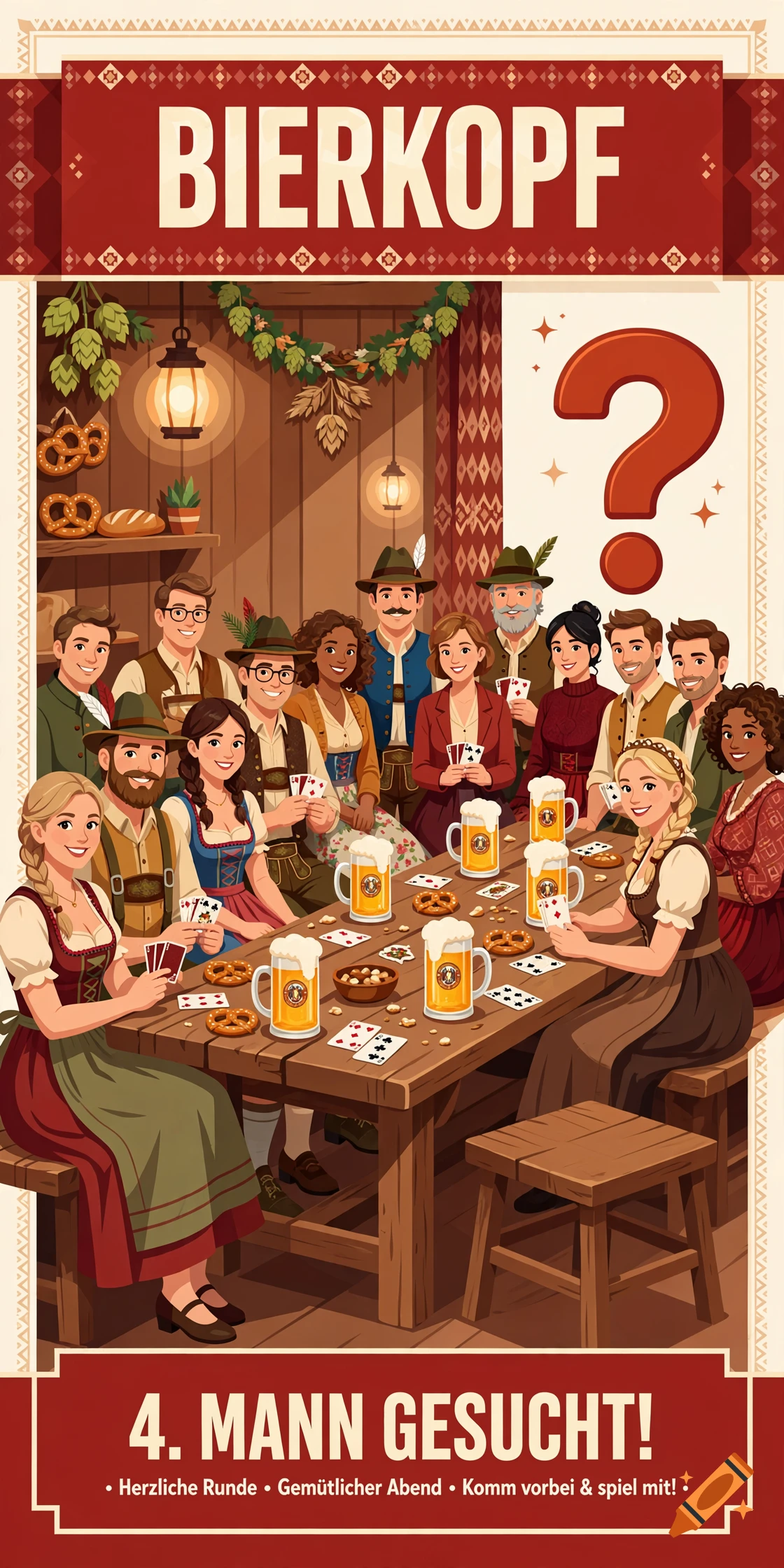 Vector illustration of diverse friends sitting at a wooden table in a Bavarian tavern, drinking beer and playing cards.
