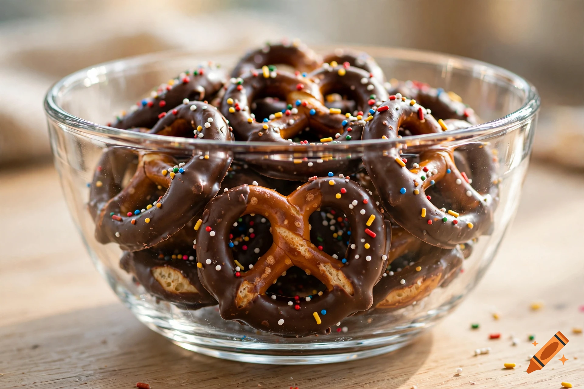 Photorealistic glass bowl filled with chocolate-covered pretzels decorated with colorful sprinkles on a wooden surface.