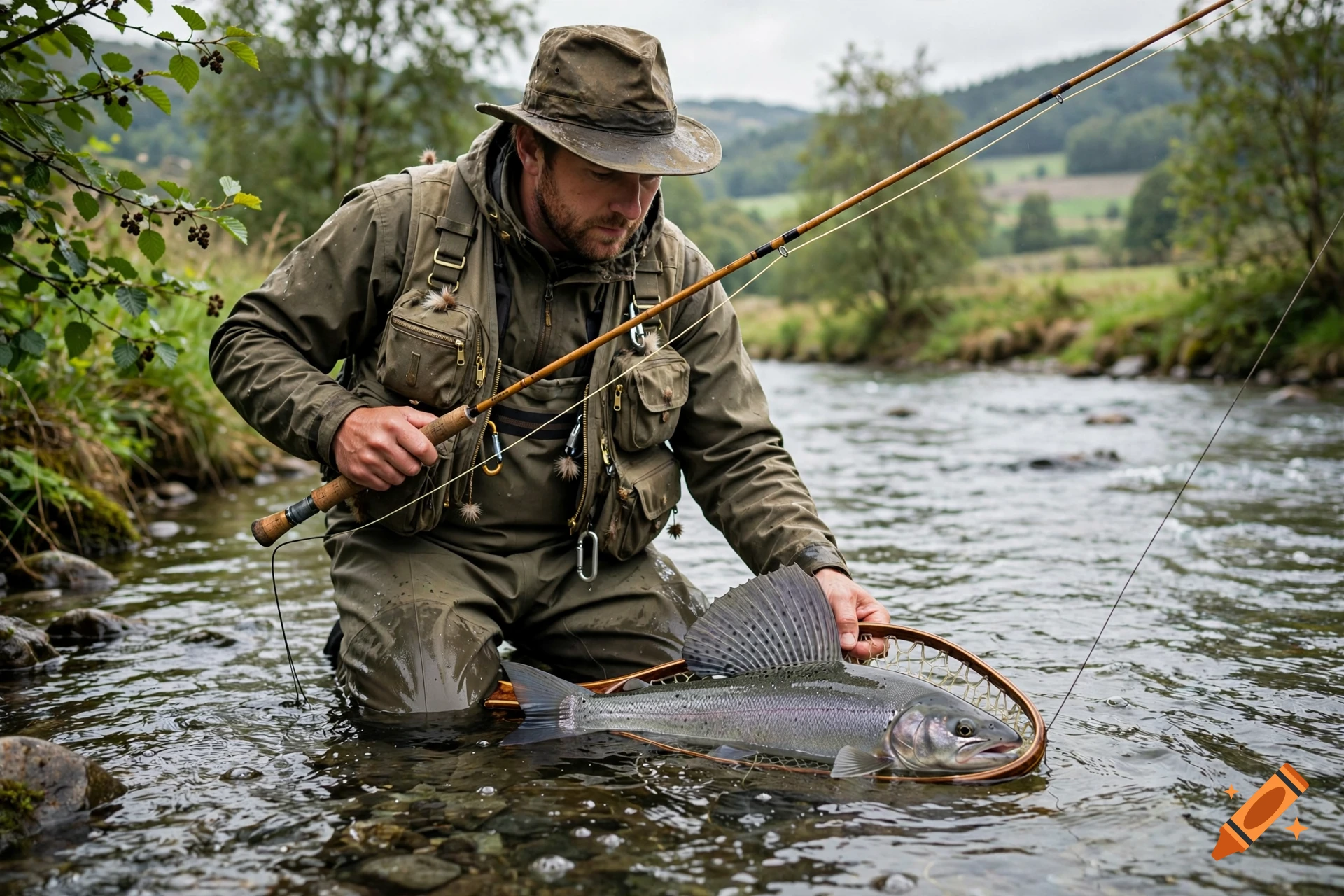 An angler wearing a bucket hat and waders kneels in a river holding a fishing rod and a netted fish.