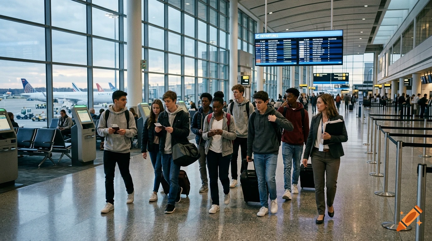 A group of students walking through a modern airport terminal with departure boards in the background, photorealistic style.