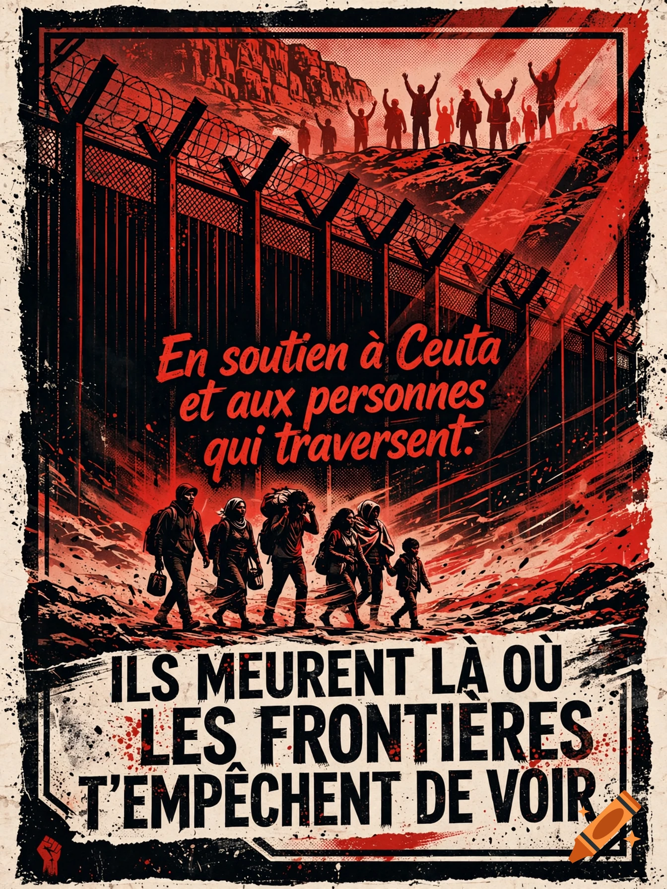 Red and black political poster depicting migrants walking past a barbed wire fence with French text.