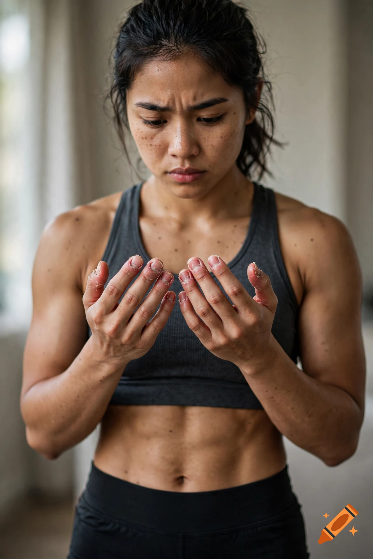 Photorealistic medium shot of a muscular young woman with abs looking down at her bitten nails and cuticles.