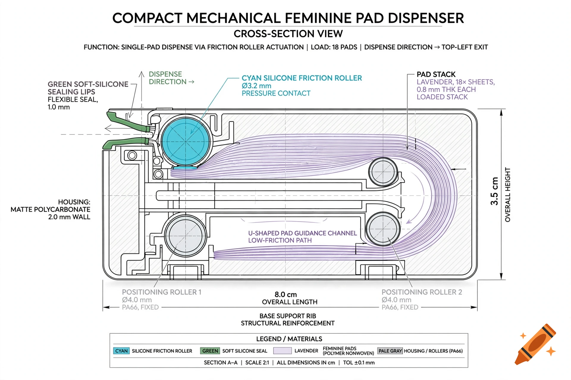 Technical CAD cross-section diagram of a compact mechanical feminine pad dispenser with component labels.
