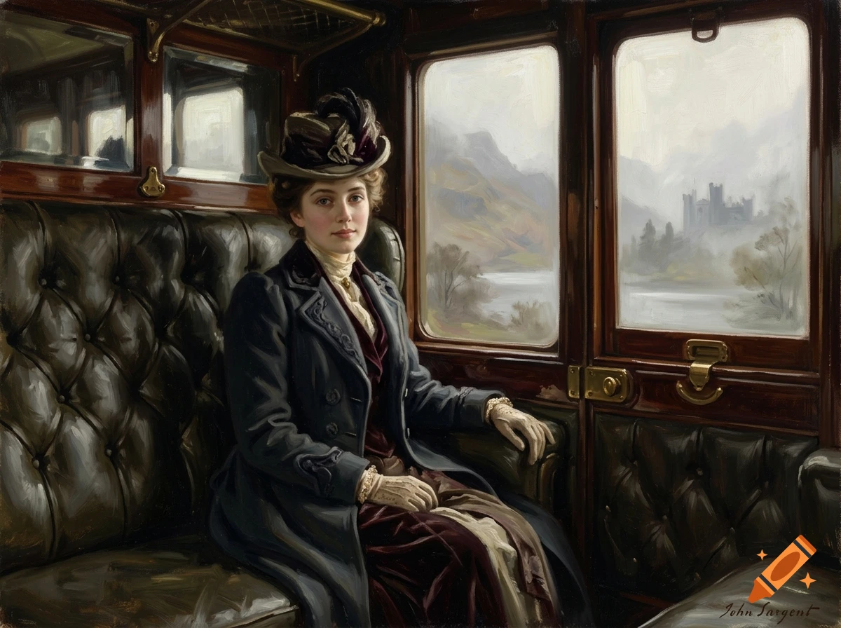 Oil painting in the style of John Singer Sargent showing a young woman in an Edwardian traveling outfit inside a train carriage.