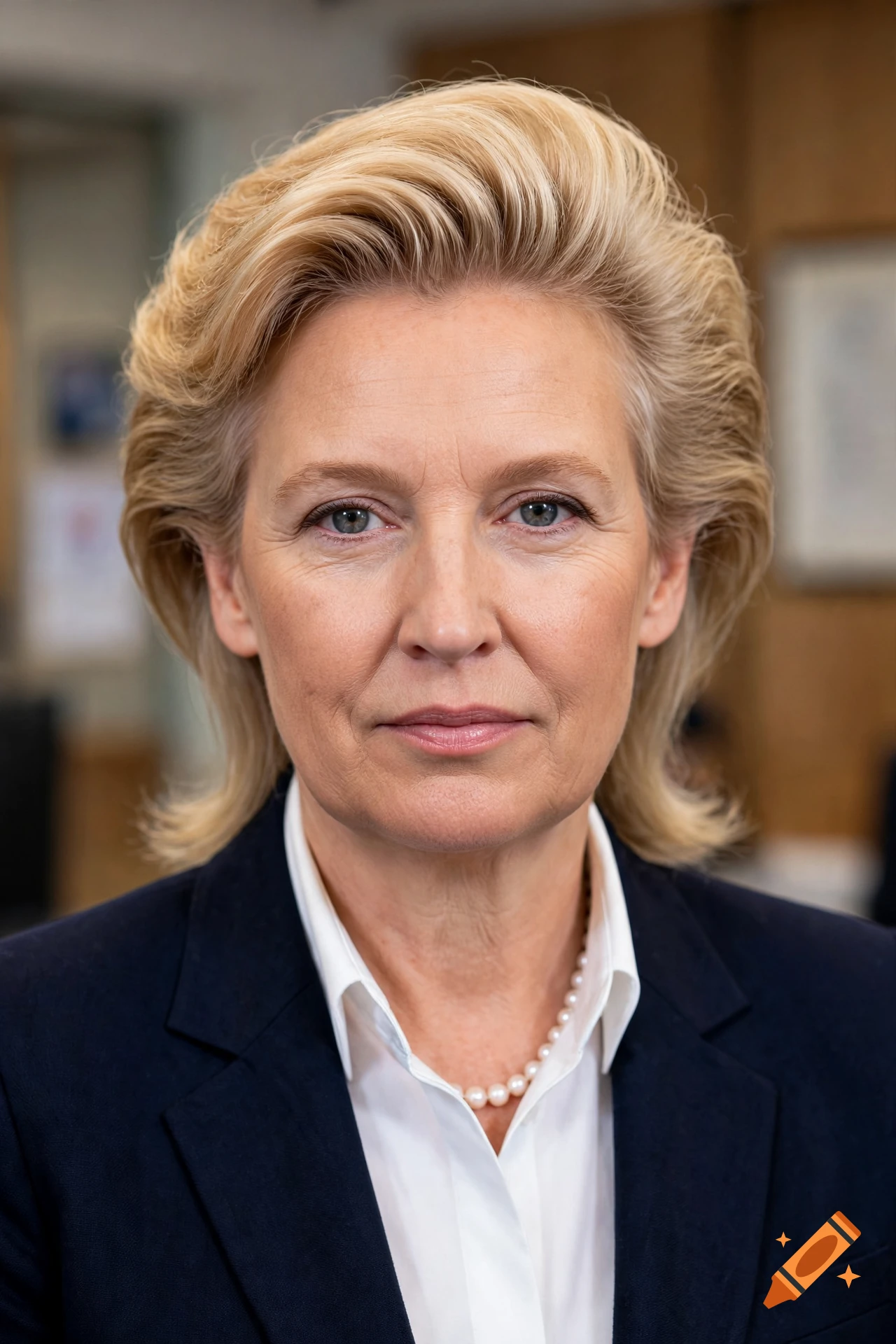 Photorealistic portrait of a woman with blonde voluminous hair wearing a dark suit jacket and pearl necklace.