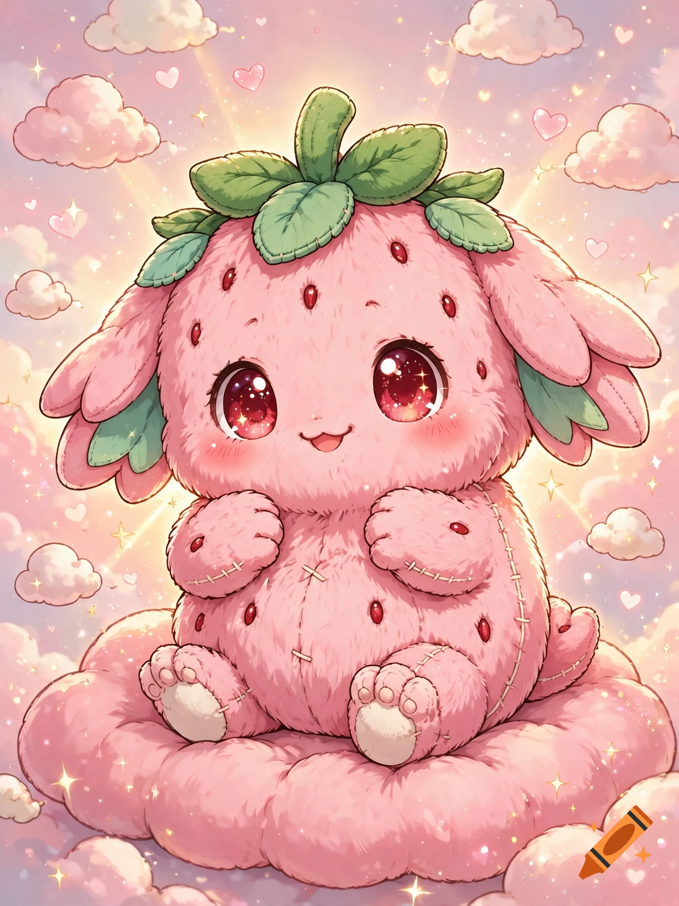 A fluffy, pink, strawberry-themed monster with large sparkling eyes sitting on a pink cloud, digital art style.