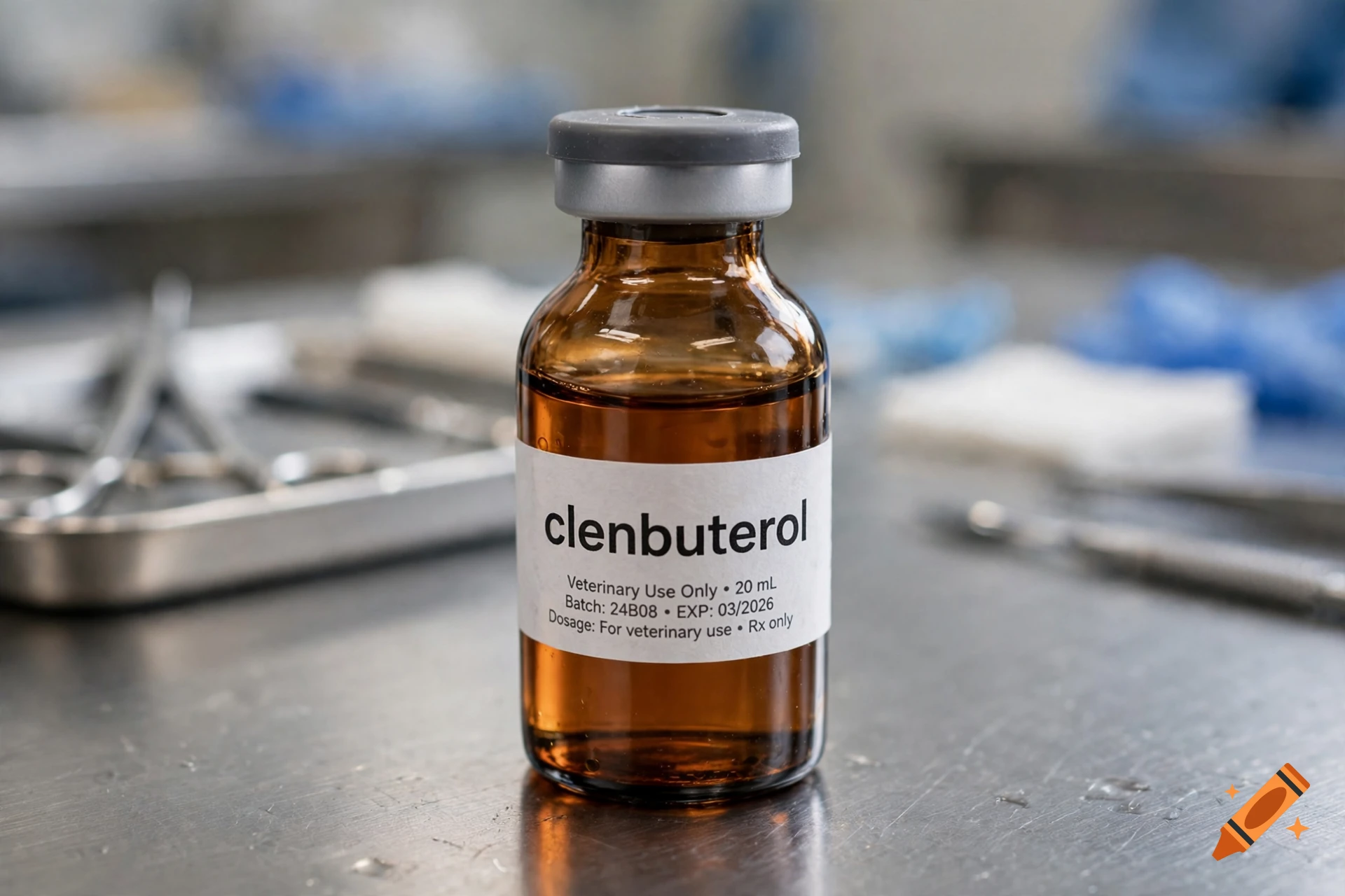 Photorealistic amber glass veterinary medicine vial with a label reading clenbuterol on a metal table.